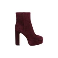 The Soho Bootie, a single burgundy suede shoe with a high block heel and platform sole, is shown in a side view against a plain white background.