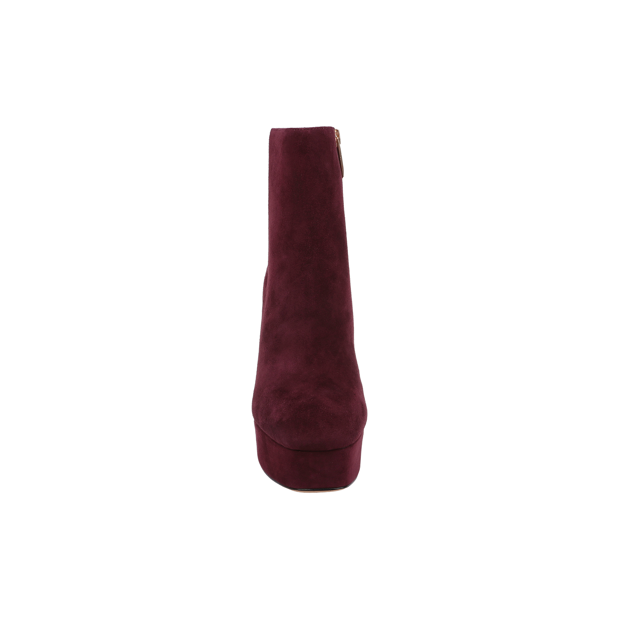 Front view of the Soho Bootie in burgundy suede with a block heel, showcased against a plain white background.