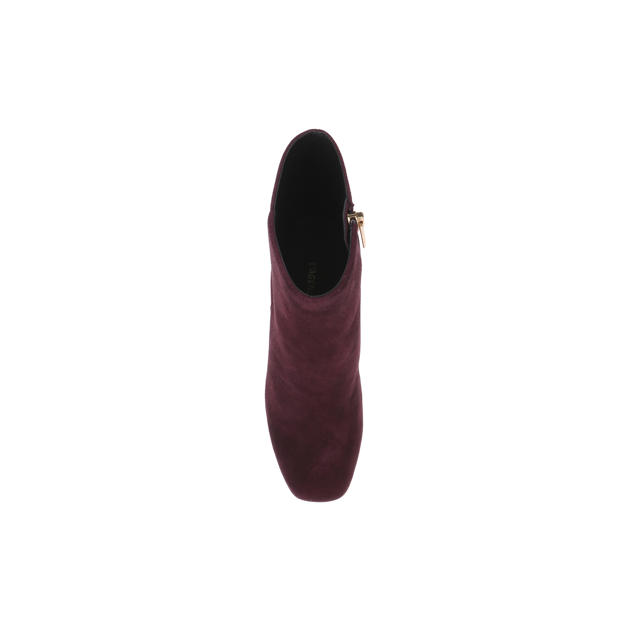 Top view of a single Soho Bootie in burgundy suede, featuring a block heel and side zipper, photographed on a plain white background.