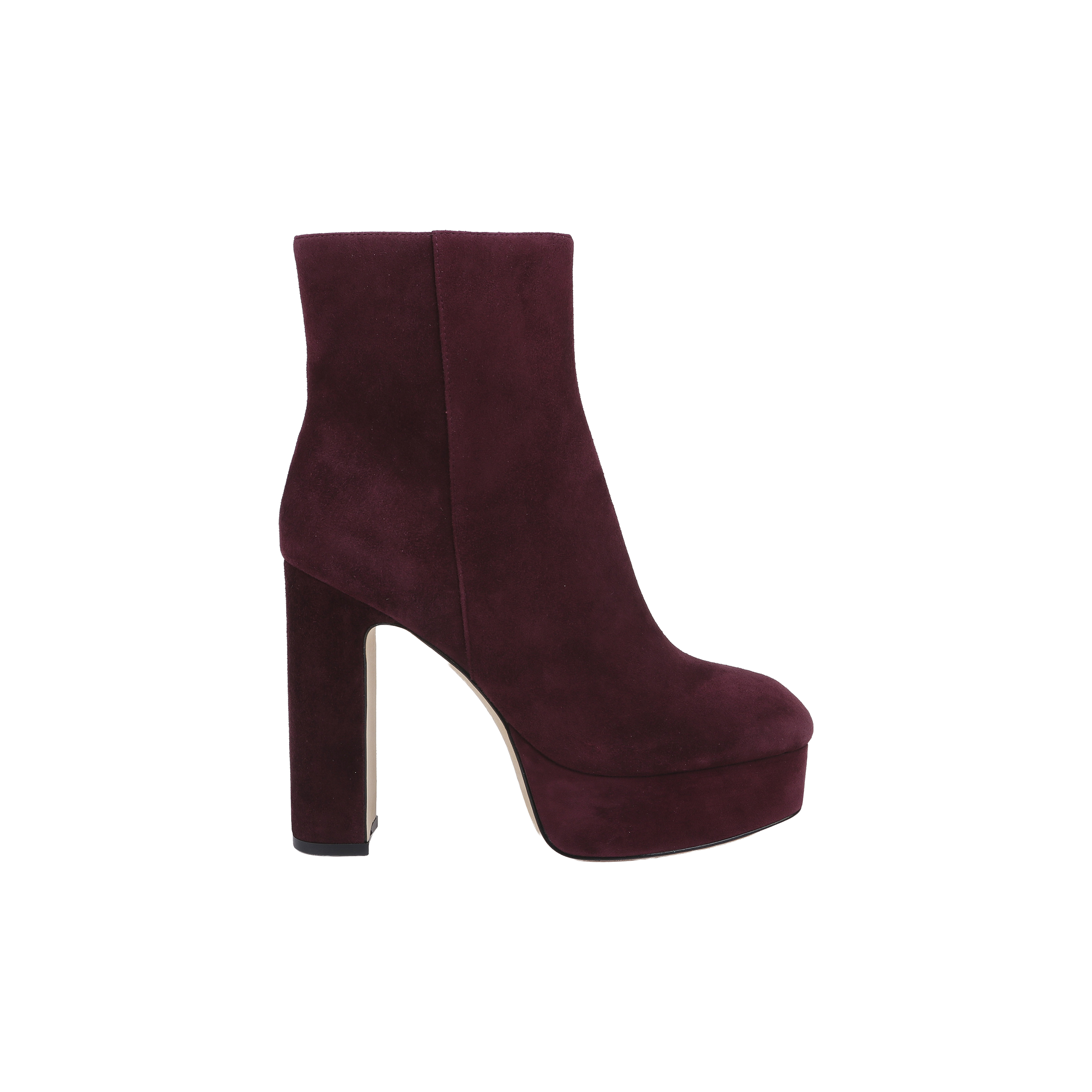The Soho Bootie, a single burgundy suede platform ankle boot featuring a chunky block heel, is displayed in profile against a plain white background.