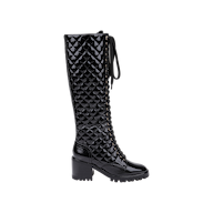 The Tribeca Boot is a shiny black knee-high combat boot featuring a quilted texture, patent leather finish, chunky block heel, and front lace-up detail, shown on a plain white background.