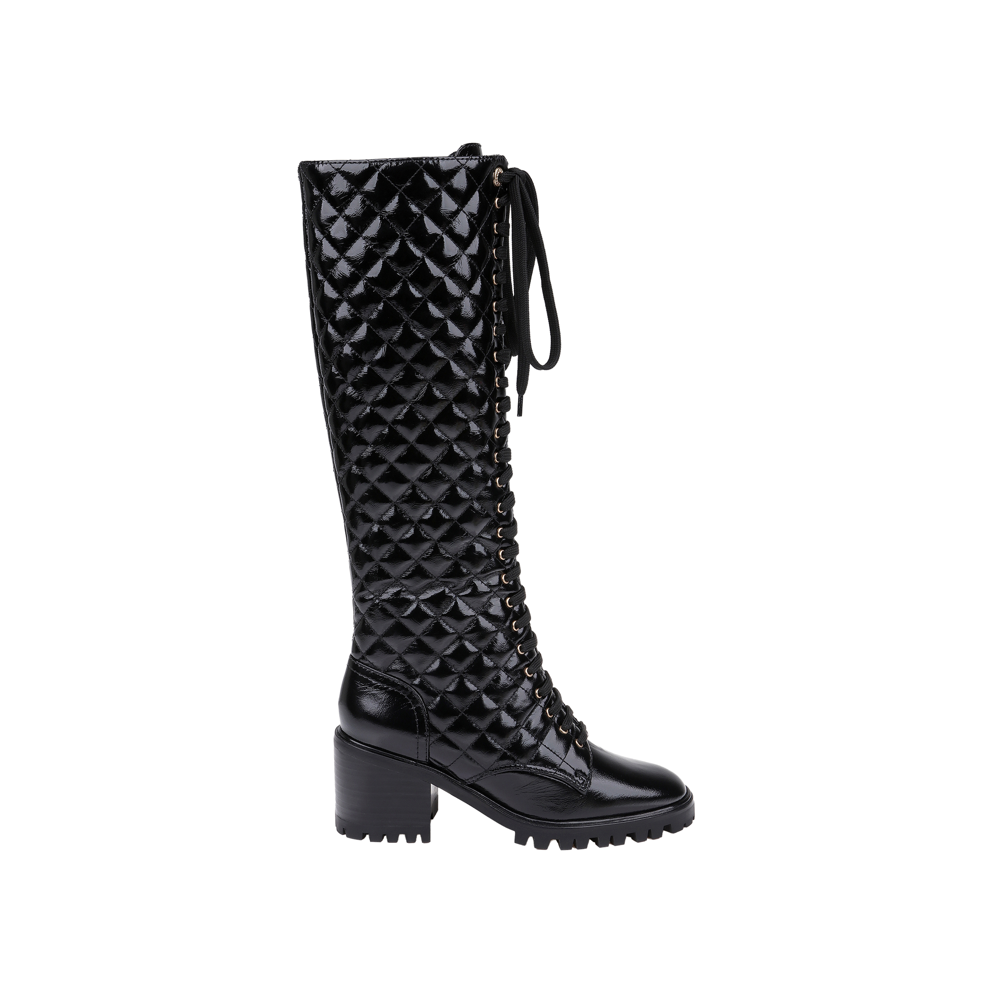 The Tribeca Boot is a shiny black knee-high combat boot featuring a quilted texture, patent leather finish, chunky block heel, and front lace-up detail, shown on a plain white background.