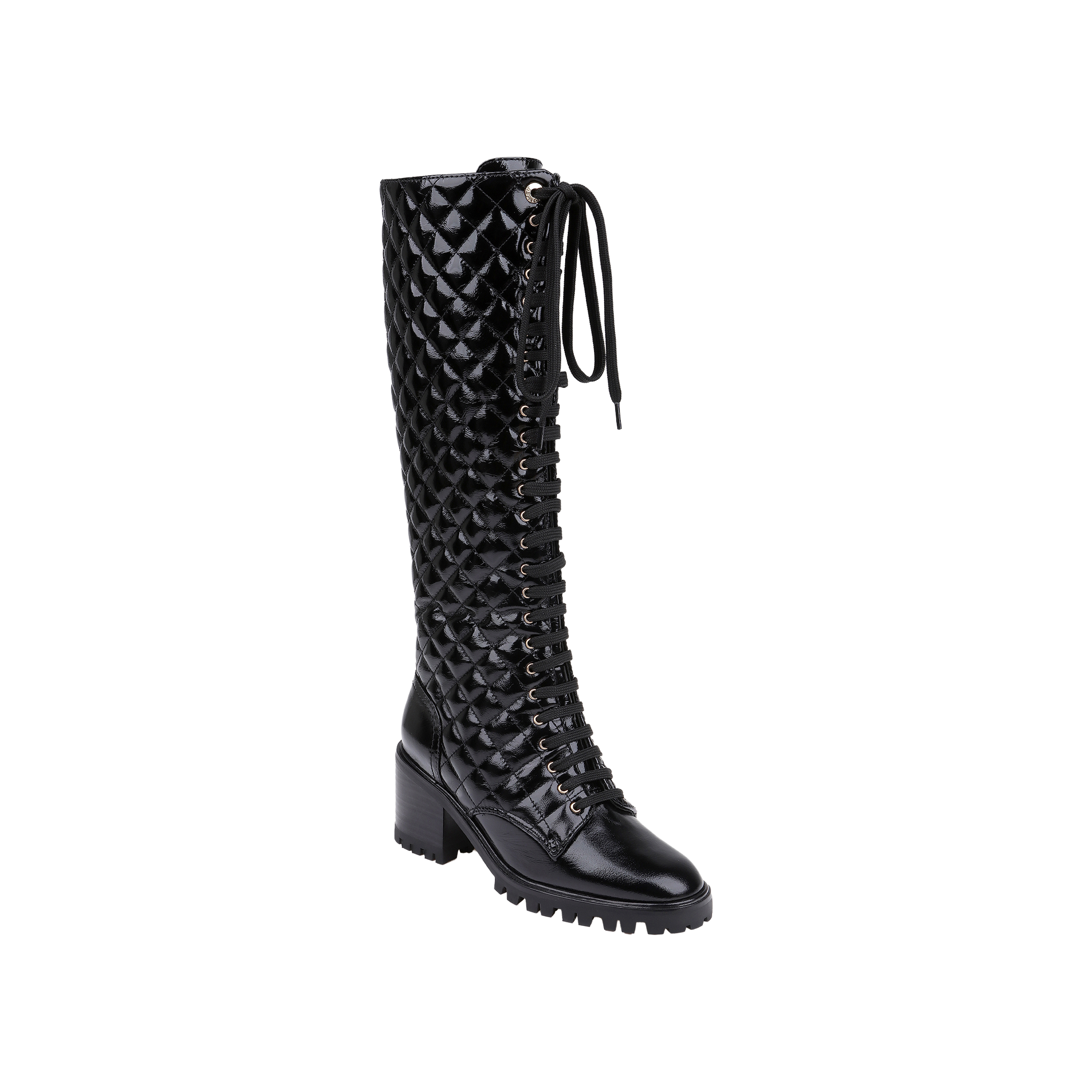 Tribeca Boot: A black knee-high lace-up combat boot featuring a chunky block heel and a textured geometric pattern on the shaft, crafted from glossy patent leather and displayed against a plain white background.