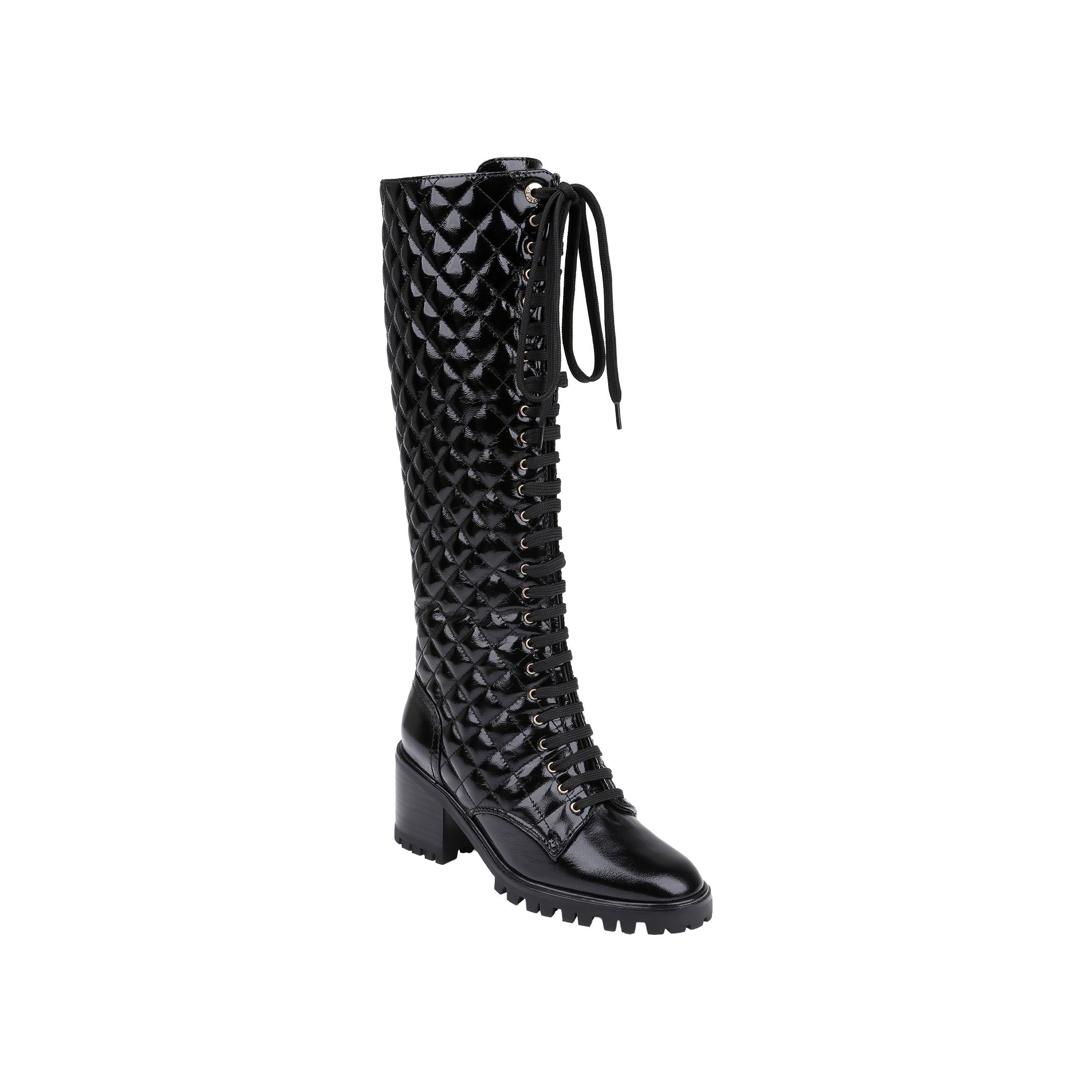 Tribeca Boot: A black knee-high lace-up combat boot featuring a chunky block heel and a textured geometric pattern on the shaft, crafted from glossy patent leather and displayed against a plain white background.