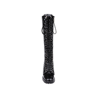 Front view of the Tribeca Boot, a tall black patent leather lace-up combat boot featuring a cut-out lattice design and thick chunky block heel, displayed on a white background.