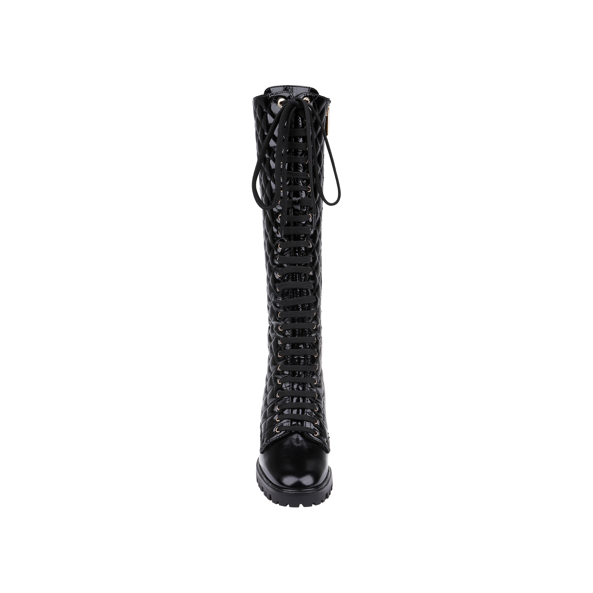 Front view of the Tribeca Boot, a tall black patent leather lace-up combat boot featuring a cut-out lattice design and thick chunky block heel, displayed on a white background.
