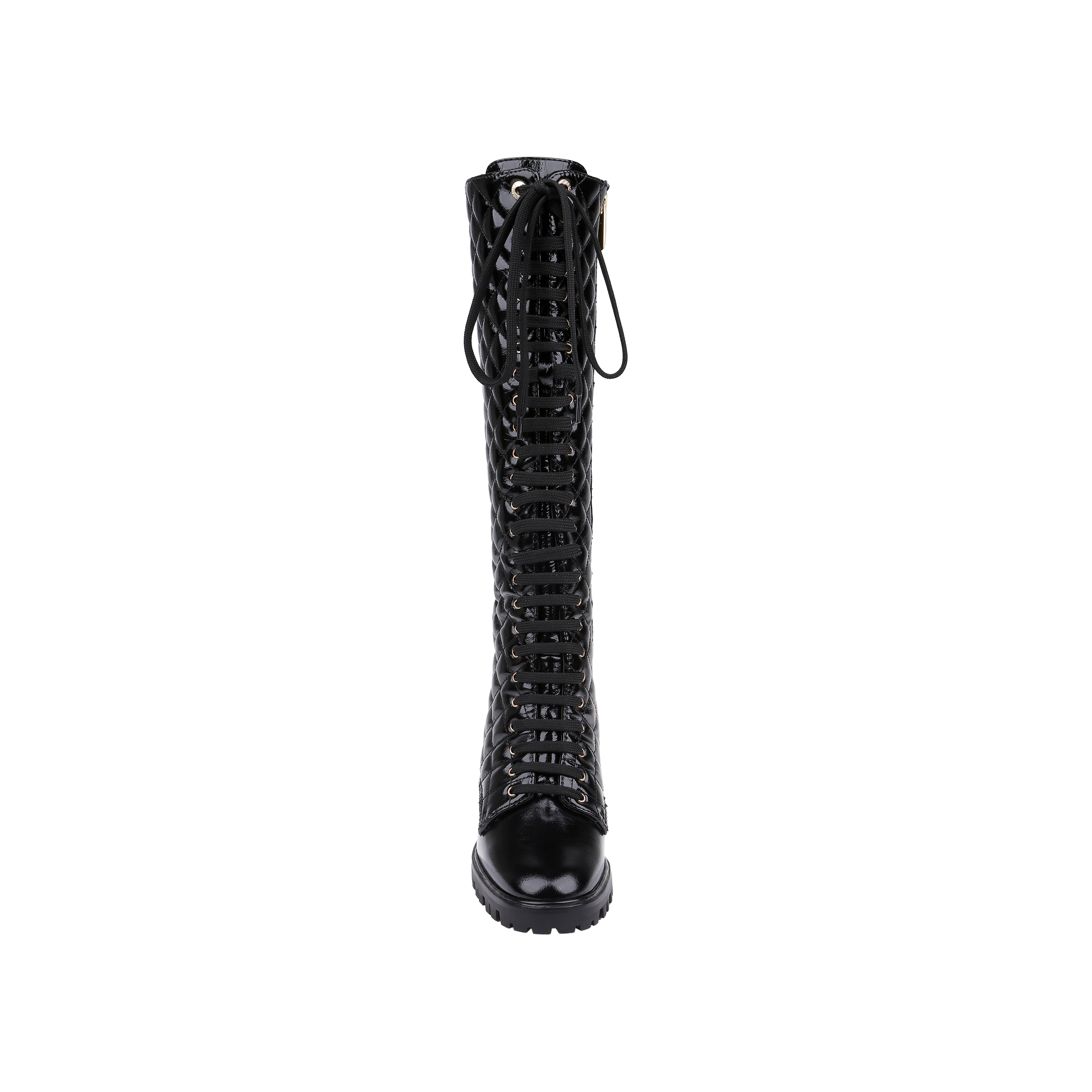 Front view of the Tribeca Boot, a tall black patent leather lace-up combat boot featuring a cut-out lattice design and thick chunky block heel, displayed on a white background.