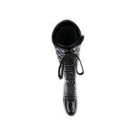 Top view of the Tribeca Boot—a single black, quilted knee-high combat boot featuring a shiny patent leather finish, chunky block heel, laces, and gold eyelets—shown against a plain white background.