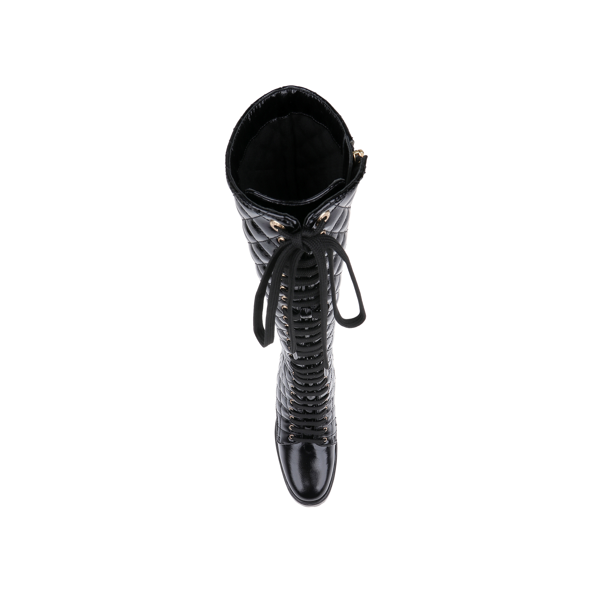 Top view of the Tribeca Boot—a single black, quilted knee-high combat boot featuring a shiny patent leather finish, chunky block heel, laces, and gold eyelets—shown against a plain white background.