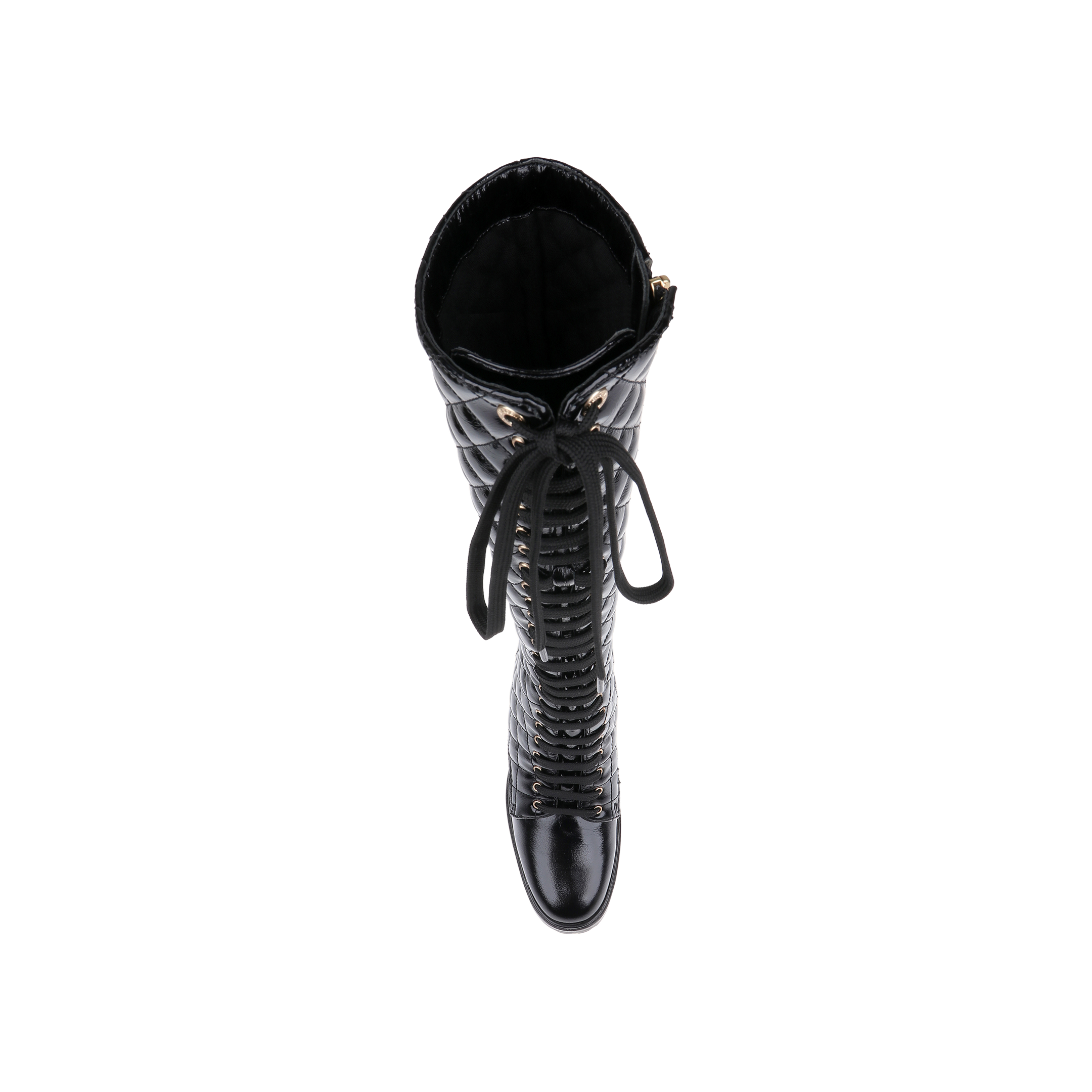 Top view of the Tribeca Boot—a single black, quilted knee-high combat boot featuring a shiny patent leather finish, chunky block heel, laces, and gold eyelets—shown against a plain white background.