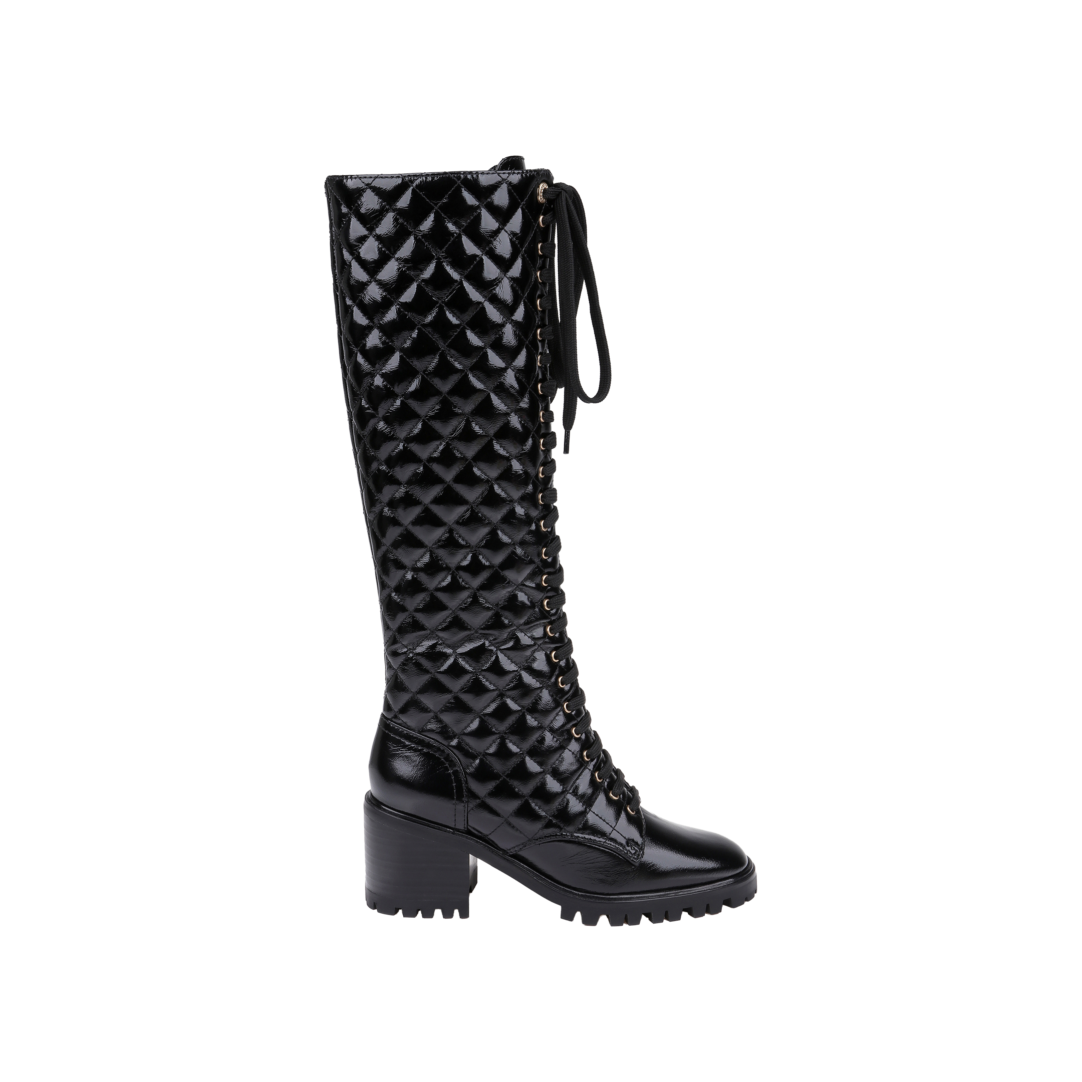 The Tribeca Boot is a black knee-high quilted combat boot featuring a lace-up front, a patent leather finish, a chunky block heel, and a lugged sole, displayed against a plain white background.