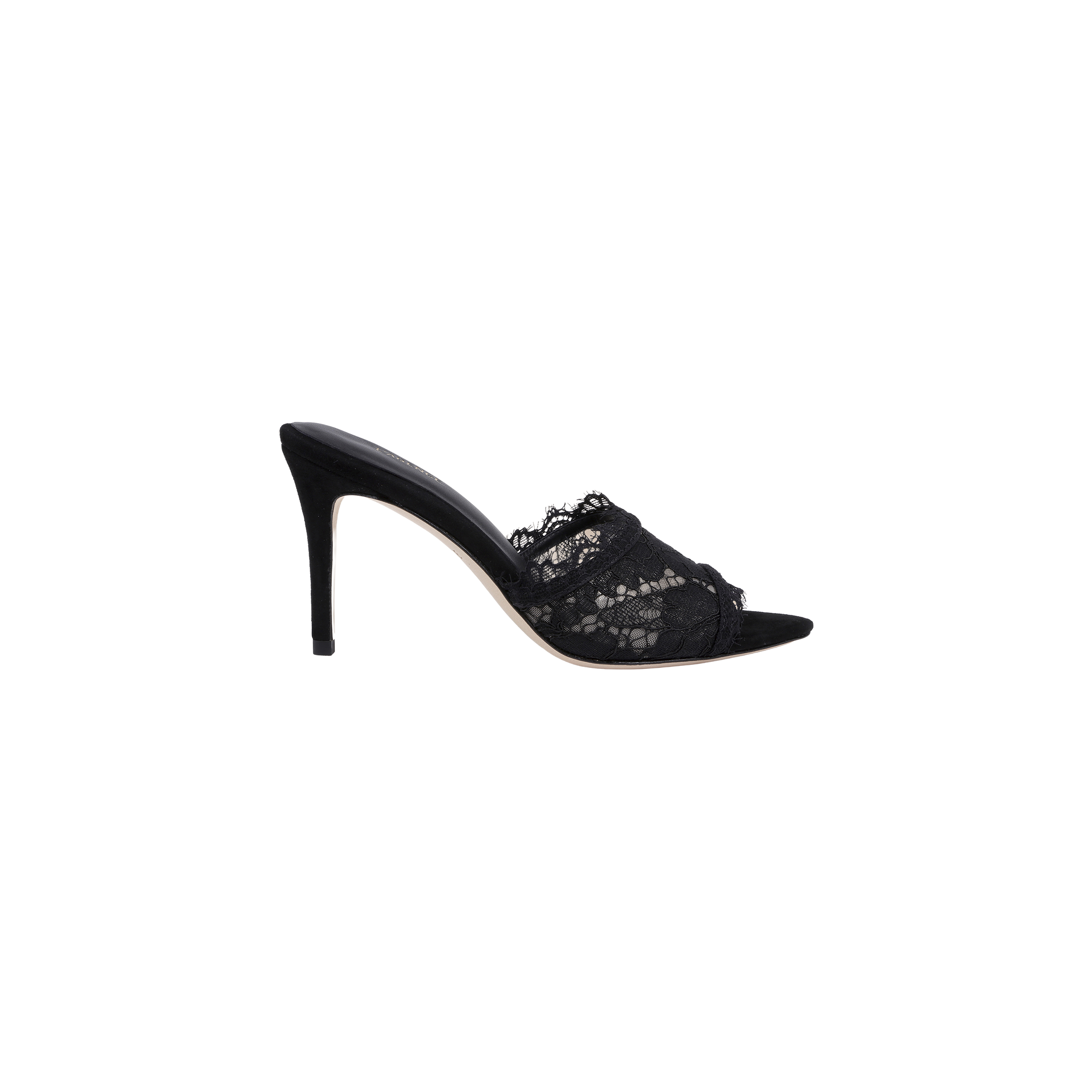 The Penn Mule, shown in profile against a plain white background, is a black pointed-toe mule with a stiletto heel and delicate lace detailing on the upper.