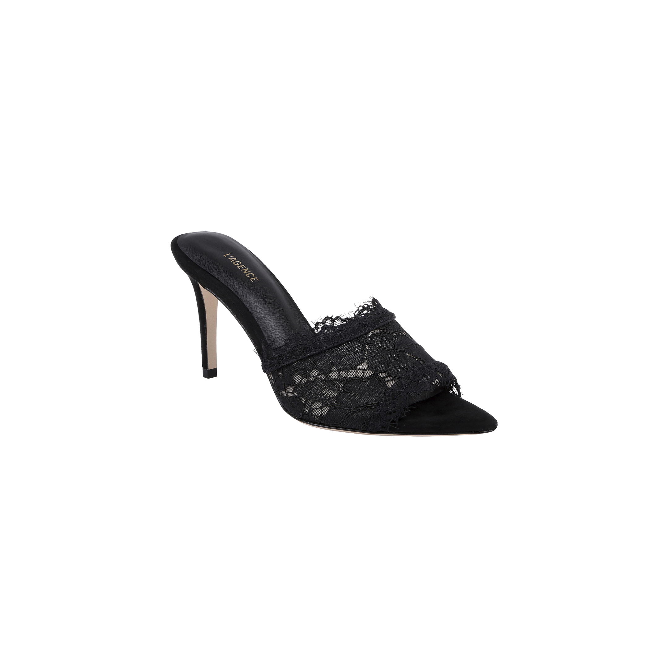 The Penn Mule is a black lace sandal with a pointed toe and an intricate lace overlay on the front strap, set against a plain white background. Its sophisticated design is finished with a sleek stiletto heel.