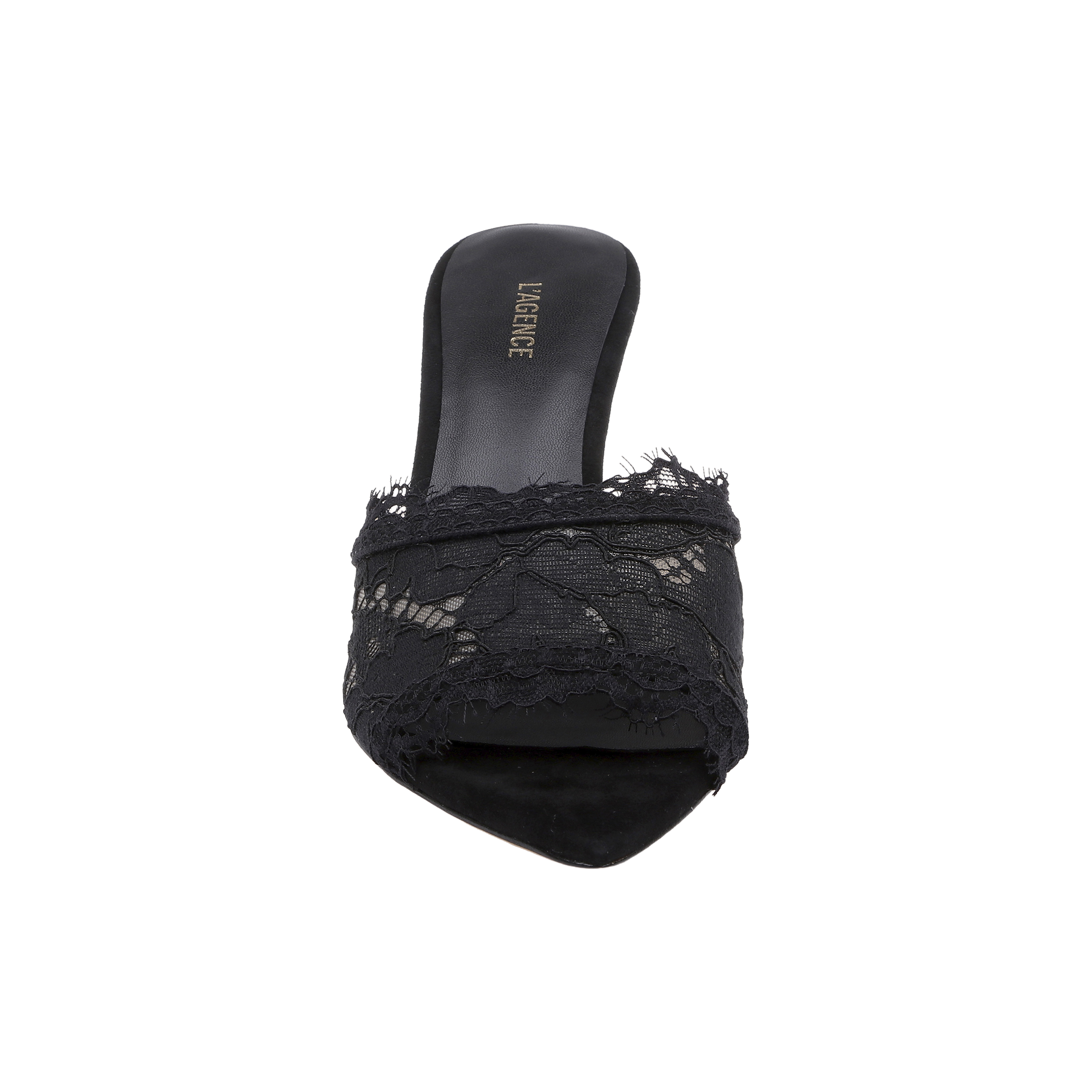 The Penn Mule, viewed from above against a white background, is a black mule featuring a pointed tip, delicate lace detailing over the toe, and a comfortable memory foam insole.