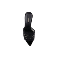 A black lace Penn Mule with a pointed toe, lace overlay, and open back features L’AGENCE branding on the memory foam insole. Shown from above on a white background.