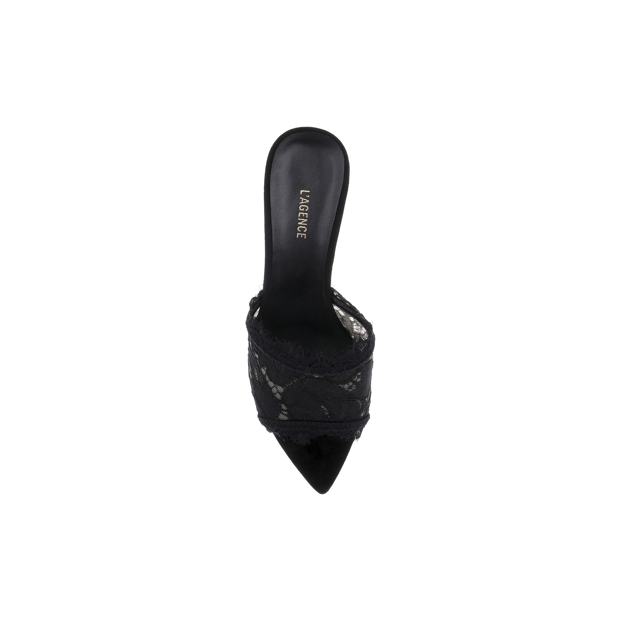 A black lace Penn Mule with a pointed toe, lace overlay, and open back features L’AGENCE branding on the memory foam insole. Shown from above on a white background.