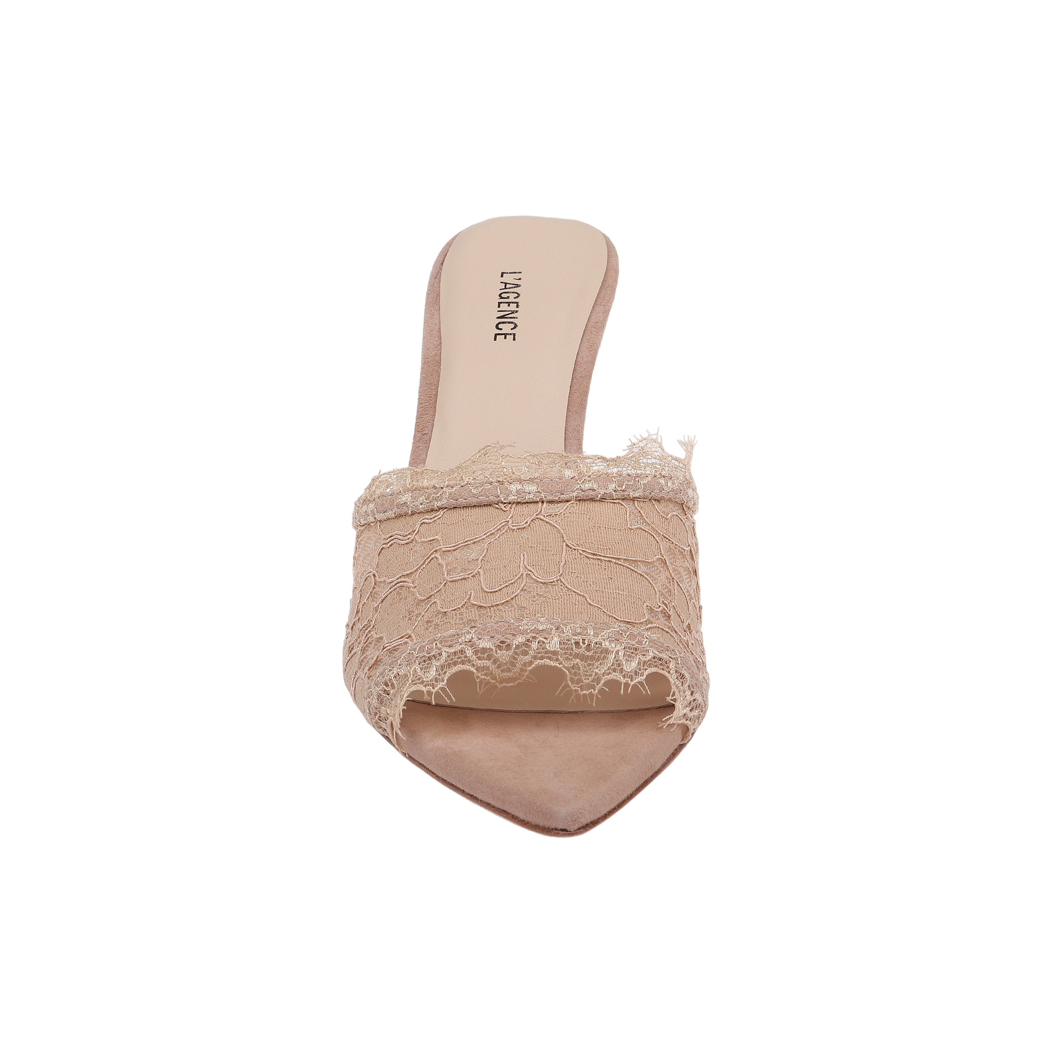 The Penn Mule, displayed from above on a white background, is a single beige slip-on featuring an open pointed toe and delicate lace detailing across the front.