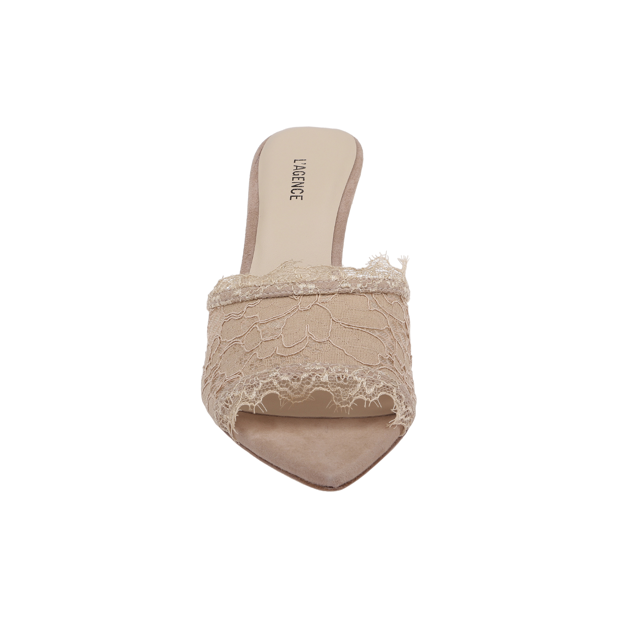 The Penn Mule, displayed from above on a white background, is a single beige slip-on featuring an open pointed toe and delicate lace detailing across the front.