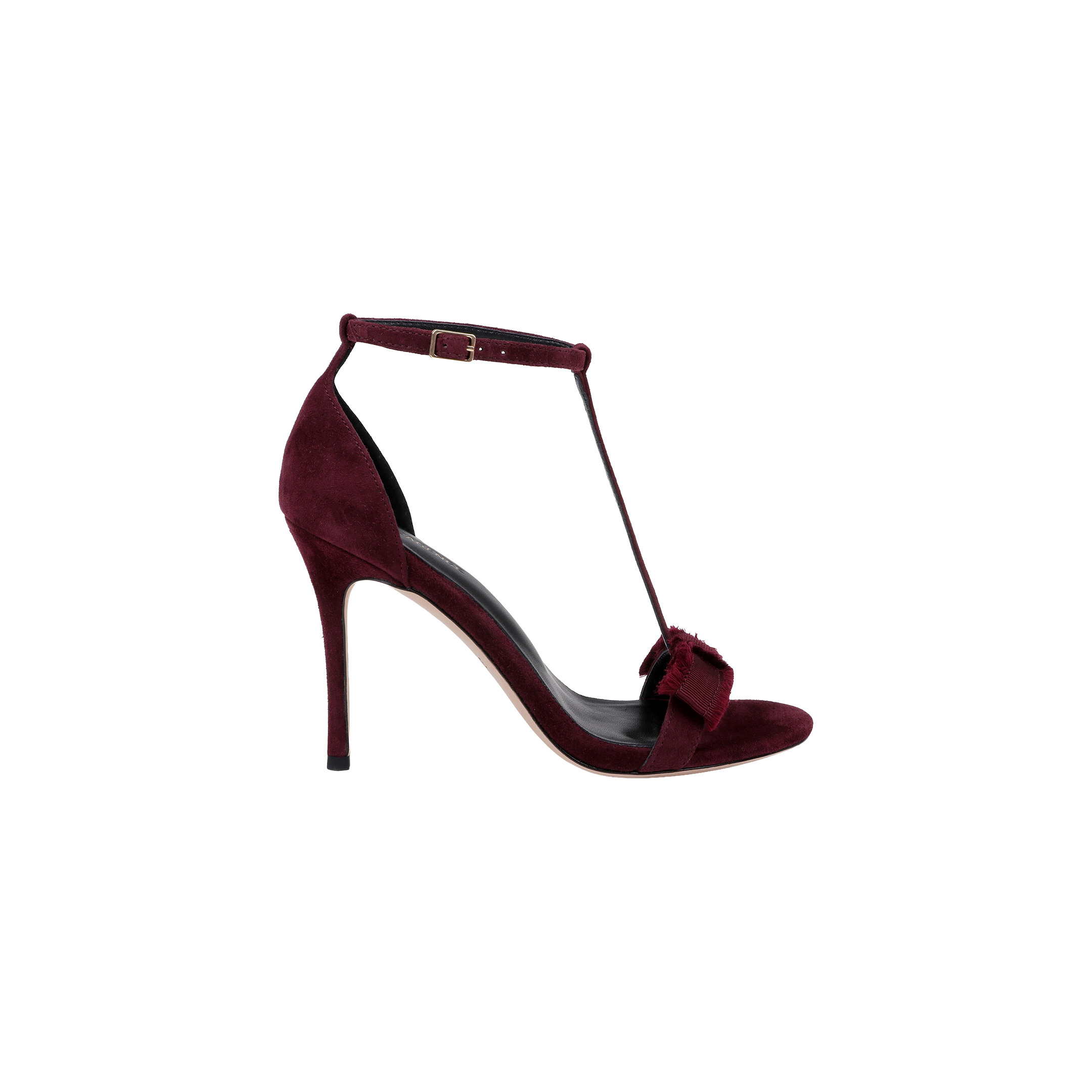 Introducing the Lerner Sandal: a burgundy T-strap stiletto with a suede upper, ankle buckle closure, open toe design, and a decorative bow accent on the front strap—beautifully displayed on a plain white background.