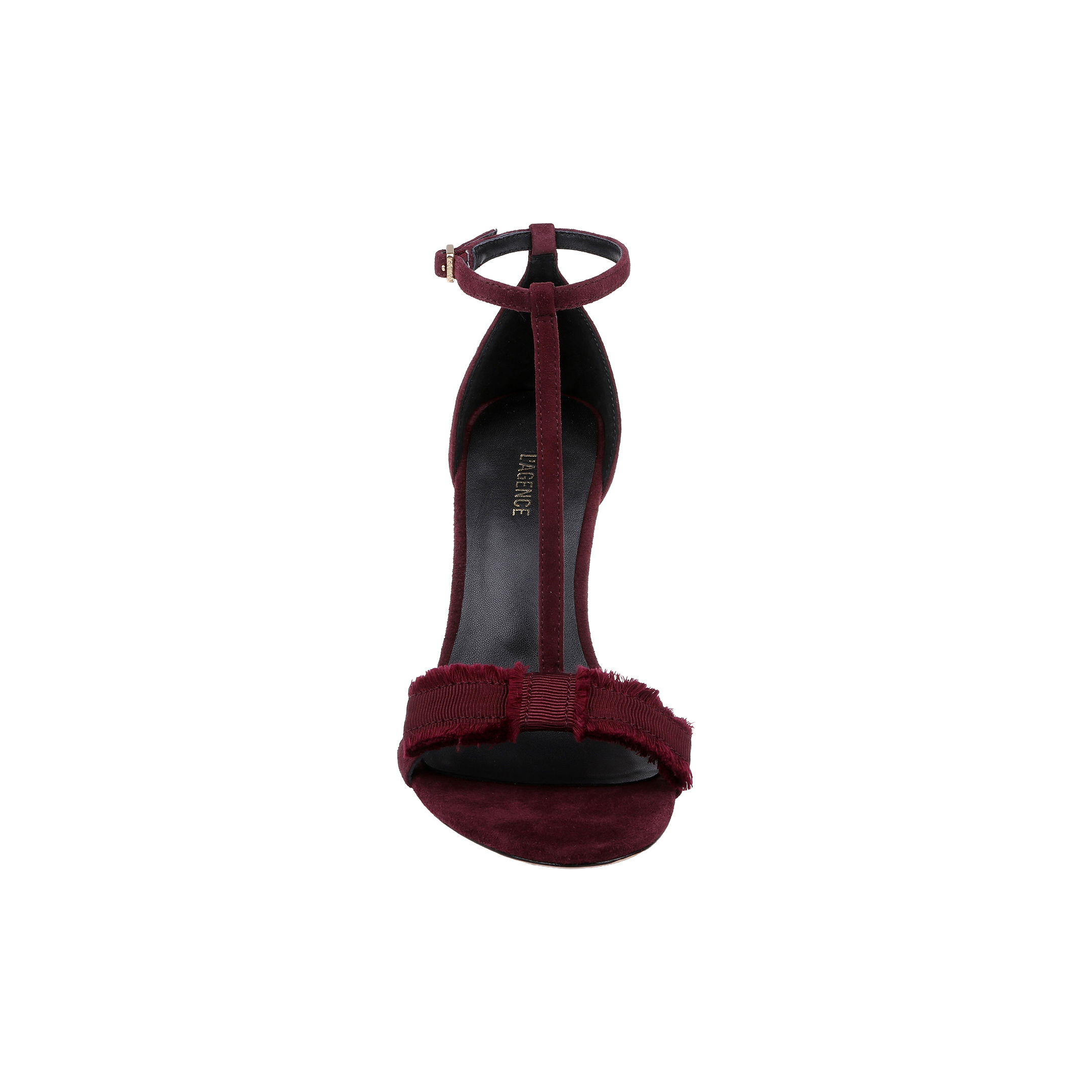 Front view of the Lerner Sandal, a burgundy high-heeled sandal featuring a suede upper, ankle strap, open toe, and a textured strap over the toe area, displayed on a plain white background.