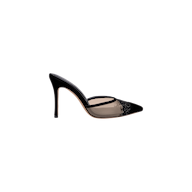 The Semois Mule is a single black stiletto high heel featuring a pointed toe, sheer side panel, and a delicate strap across the front, exuding the elegance of a lace-capped mule and displayed against a plain white background.