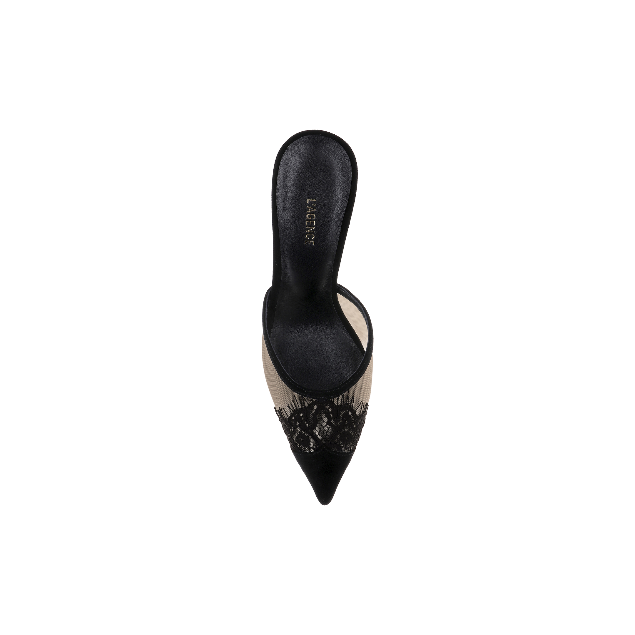 The Semois Mule is a pointed-toe design with a black insole, beige sides, and intricate black lace detailing across the front, shown from an overhead perspective on a white background.