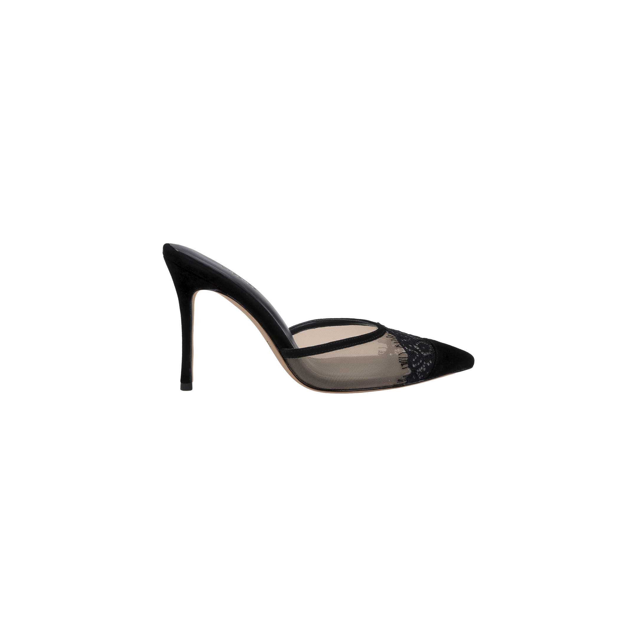 The Semois Mule is a black suede pump with a stiletto heel, showcasing a pointed toe, sheer side panel, and decorative front detailing, presented against a plain white background.