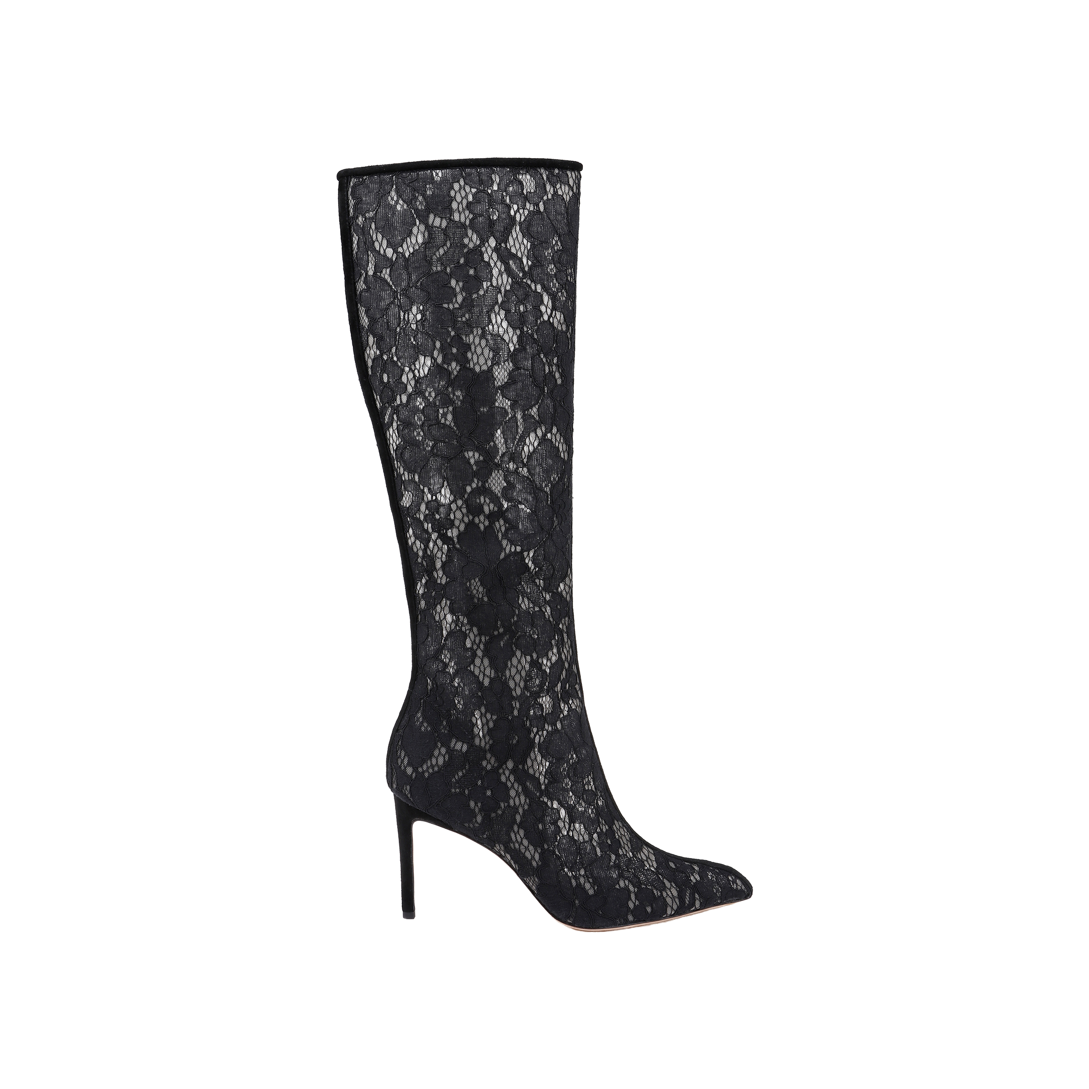 The Chambers Boot is a black high-heeled boot featuring a pointed toe, stiletto heel, and detailed with an elegant floral lace pattern.