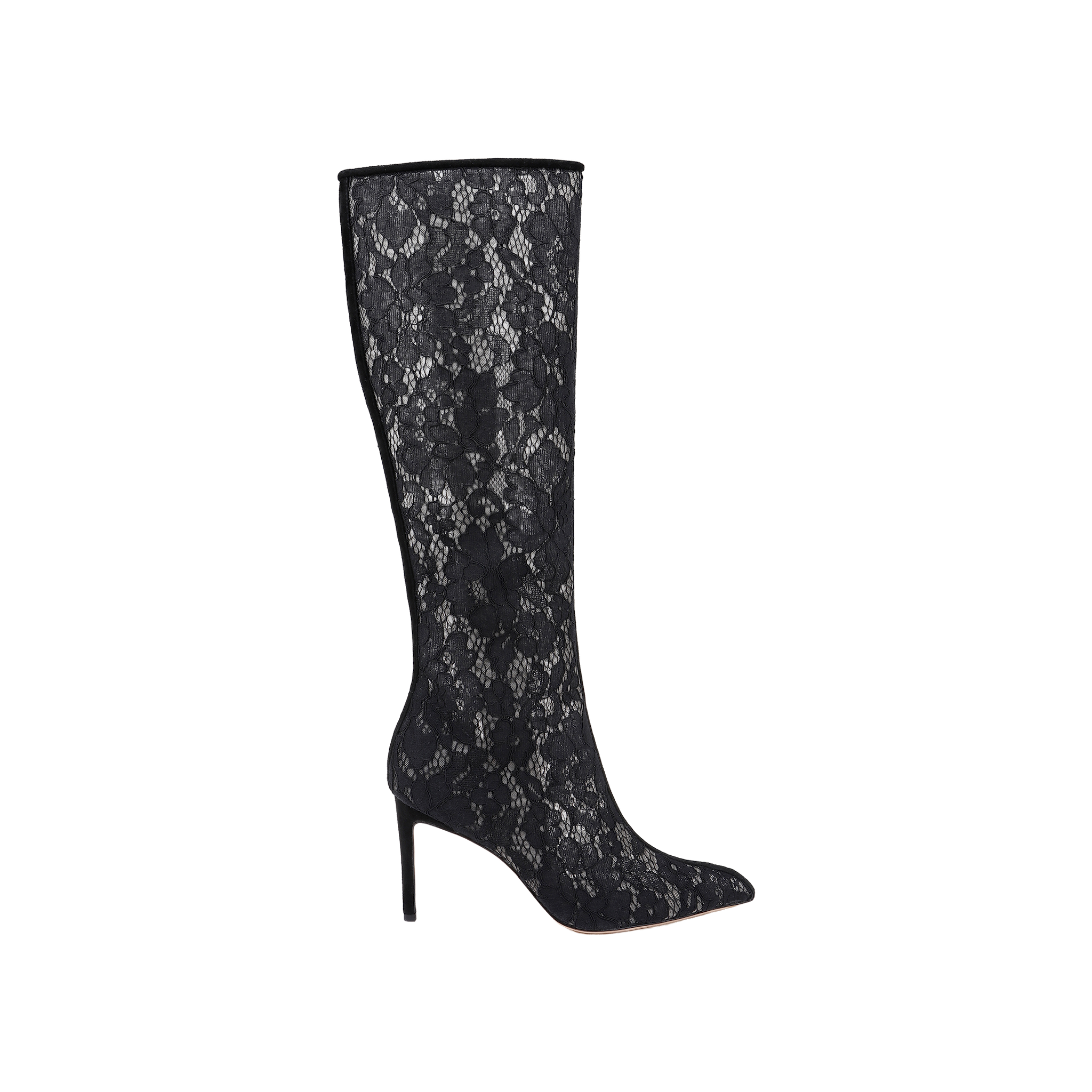 The Chambers Boot is a black high-heeled boot featuring a pointed toe, stiletto heel, and detailed with an elegant floral lace pattern.