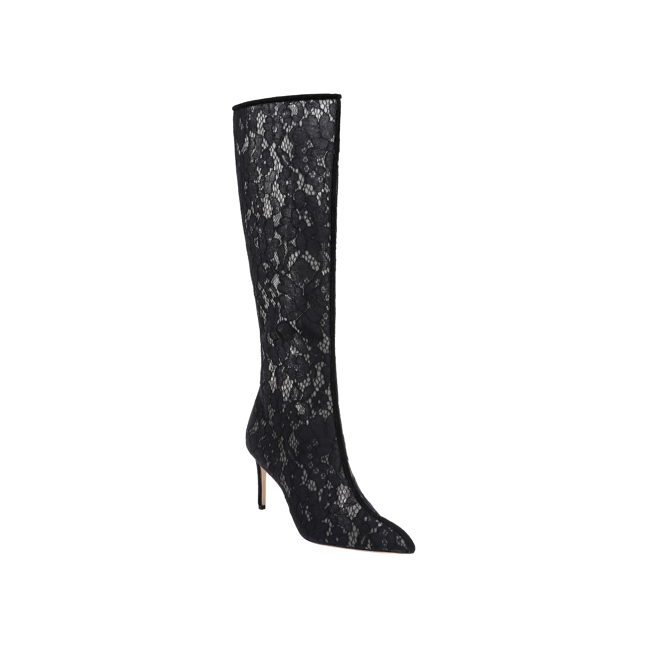 The Chambers Boot, featuring a black lace design with a pointed toe and stiletto heel, is covered in a sheer floral pattern and displayed on a plain white background.