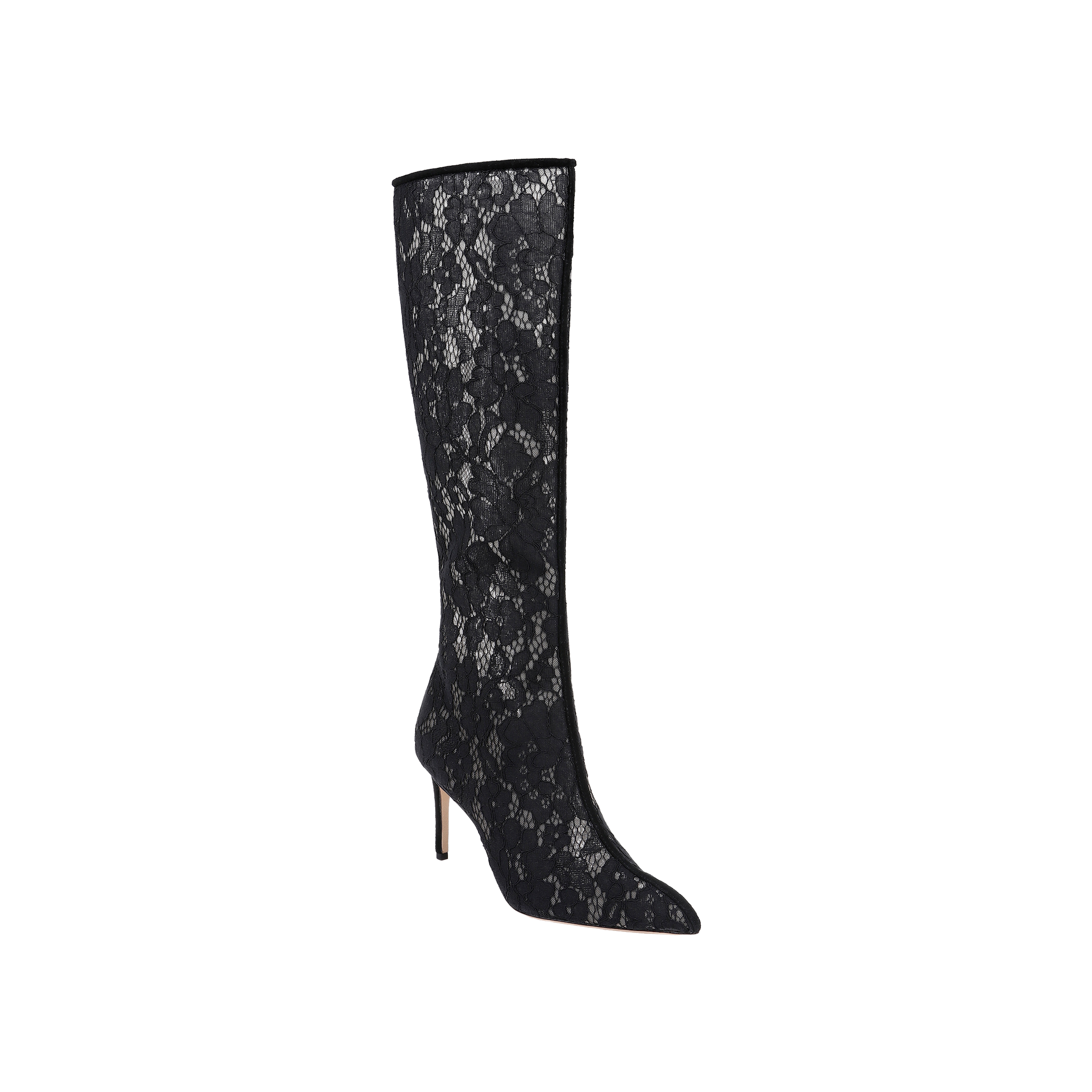 The Chambers Boot, featuring a black lace design with a pointed toe and stiletto heel, is covered in a sheer floral pattern and displayed on a plain white background.