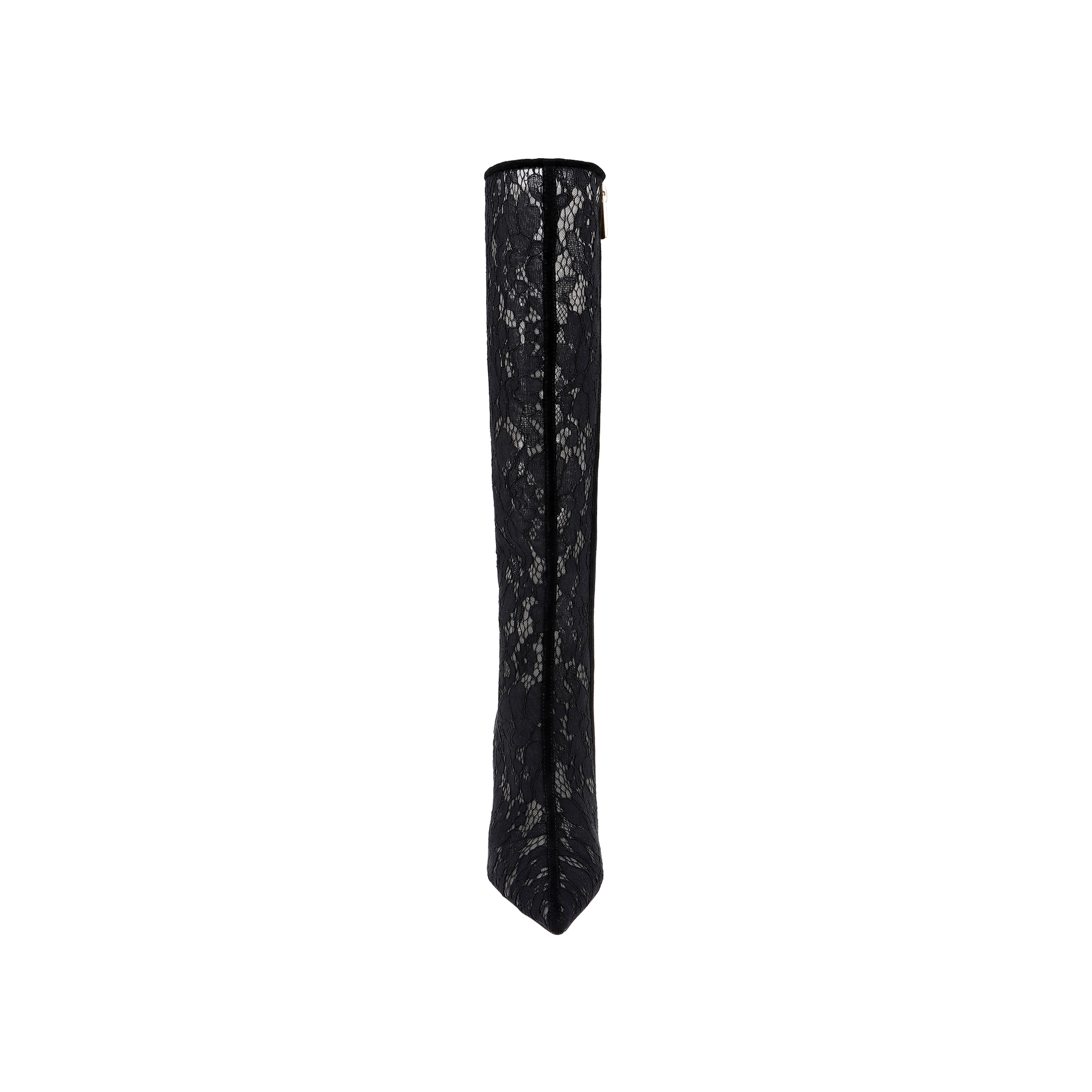 The Chambers Boot is a single knee-high black lace boot featuring a stiletto heel and a pointed toe, displayed from the front against a plain white background.