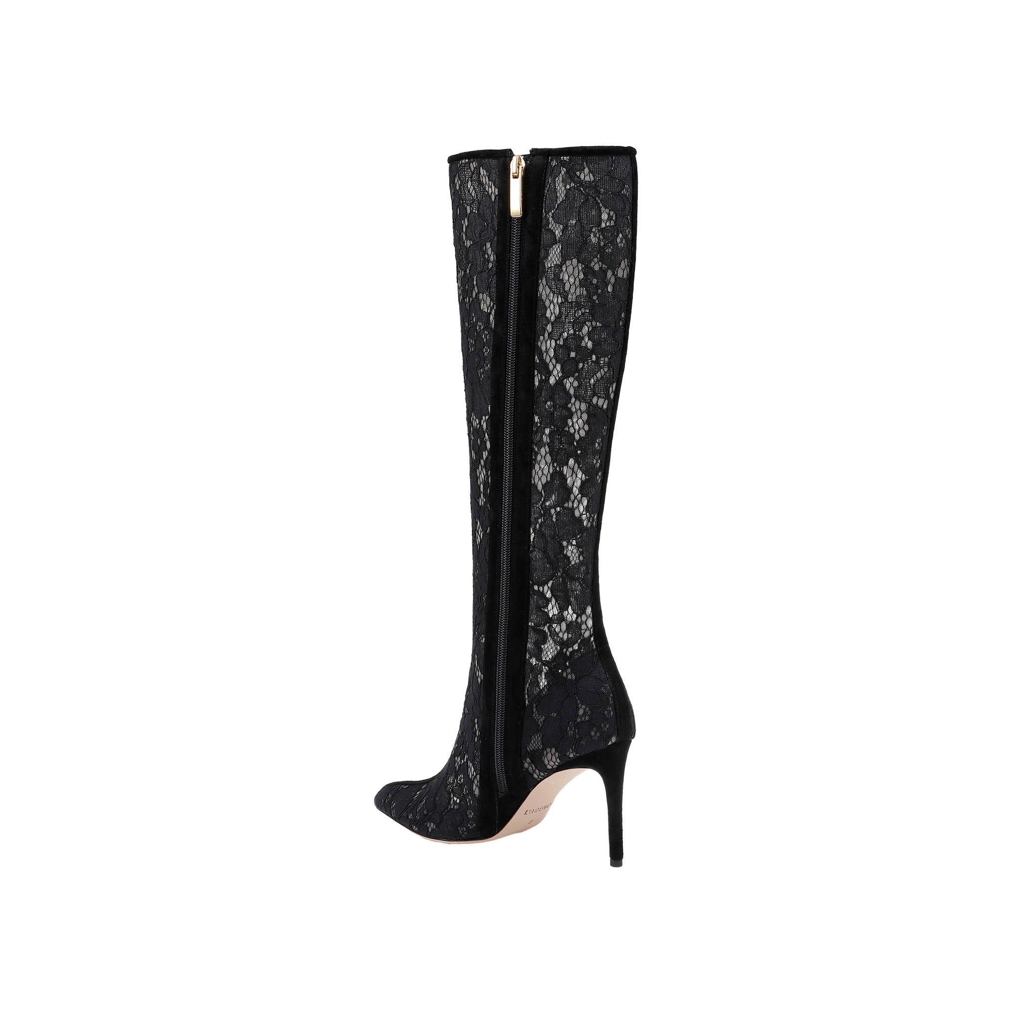 The Chambers Boot is a black knee-high stiletto heel boot with a pointed toe, elegantly covered in black lace, featuring a side zipper closure and a light-colored sole, displayed on a plain white background.