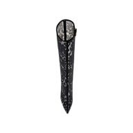 Top view of a single Chambers Boot—a knee-high black lace boot featuring a pointed toe and stiletto heel—displayed on a plain white background.