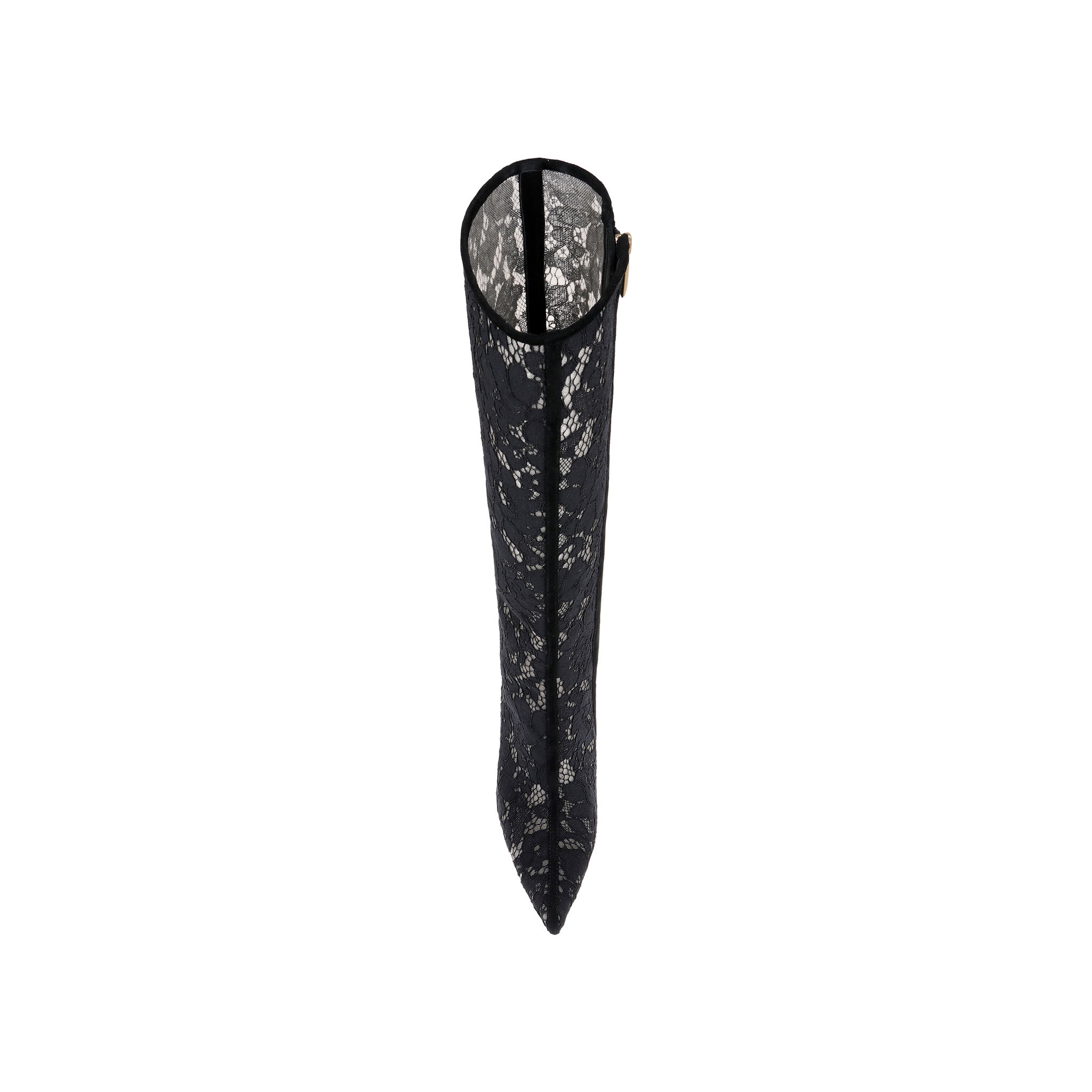 Top view of a single Chambers Boot—a knee-high black lace boot featuring a pointed toe and stiletto heel—displayed on a plain white background.