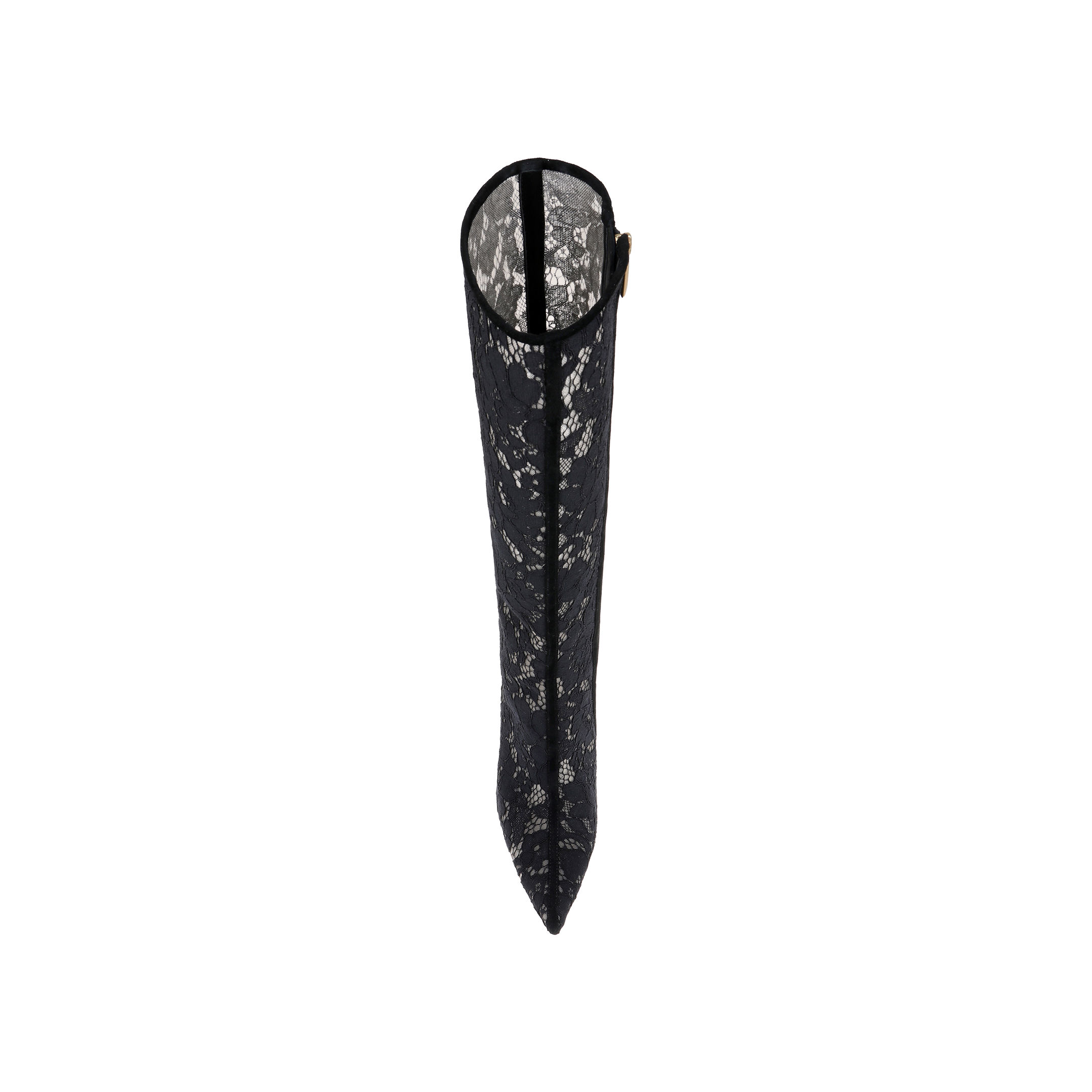 Top view of a single Chambers Boot—a knee-high black lace boot featuring a pointed toe and stiletto heel—displayed on a plain white background.