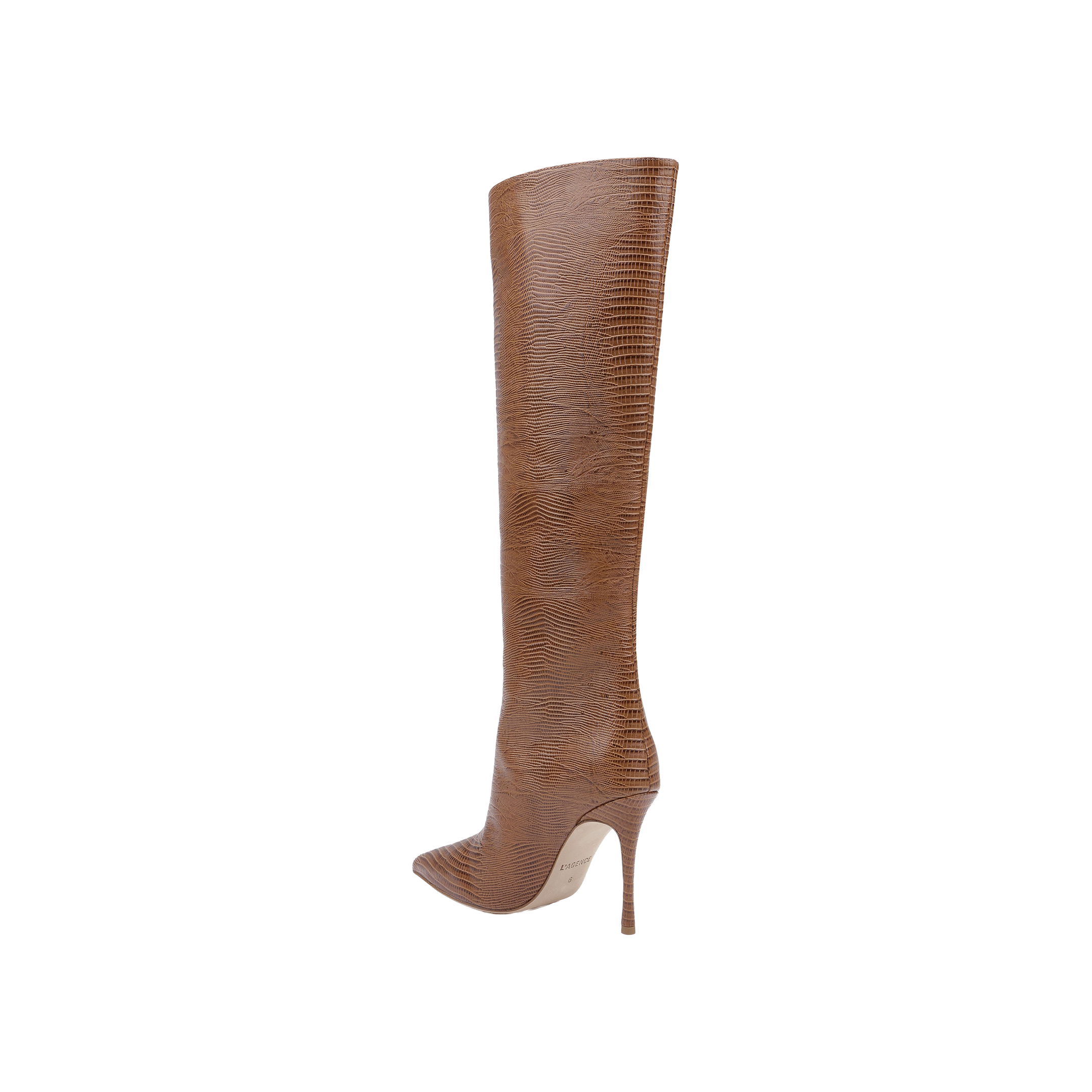 A single Lafayette Boot in brown tan lizard-embossed leather, featuring a pointed toe and high stiletto heel, is displayed on a plain white background.