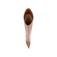 A top-down view of the Lafayette Boot, skillfully crafted from tan lizard-embossed leather with a pointed toe, displayed on a plain white background.