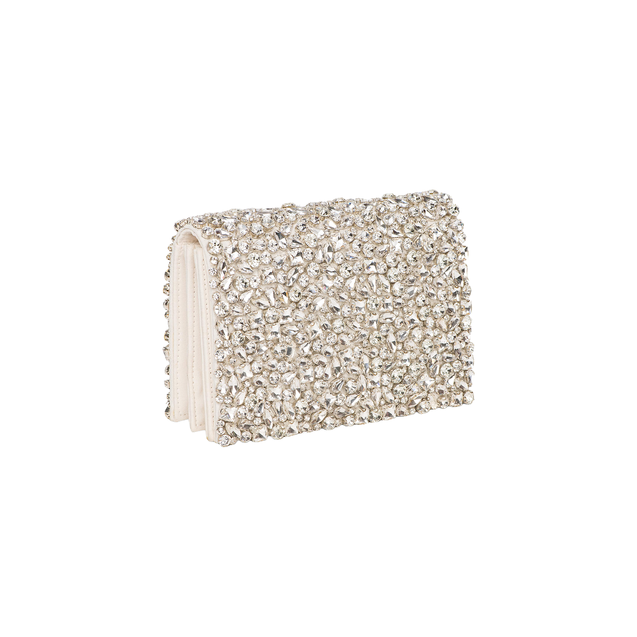 The Verve Crystal Clutch is a small, rectangular purse adorned with shimmering silver rhinestones and handcrafted crystals. Its light-colored fabric edges add a delicate touch, making it a standout piece against a plain white background—a true highlight from any clutch collection.