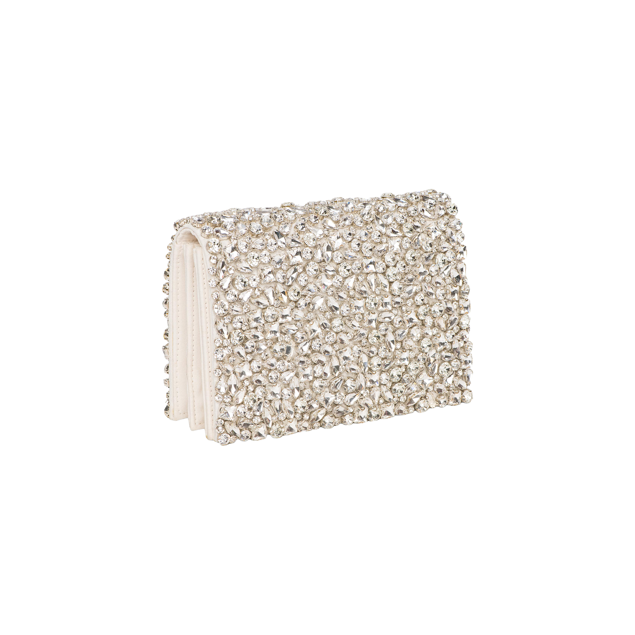 The Verve Crystal Clutch is a small, rectangular purse adorned with shimmering silver rhinestones and handcrafted crystals. Its light-colored fabric edges add a delicate touch, making it a standout piece against a plain white background—a true highlight from any clutch collection.