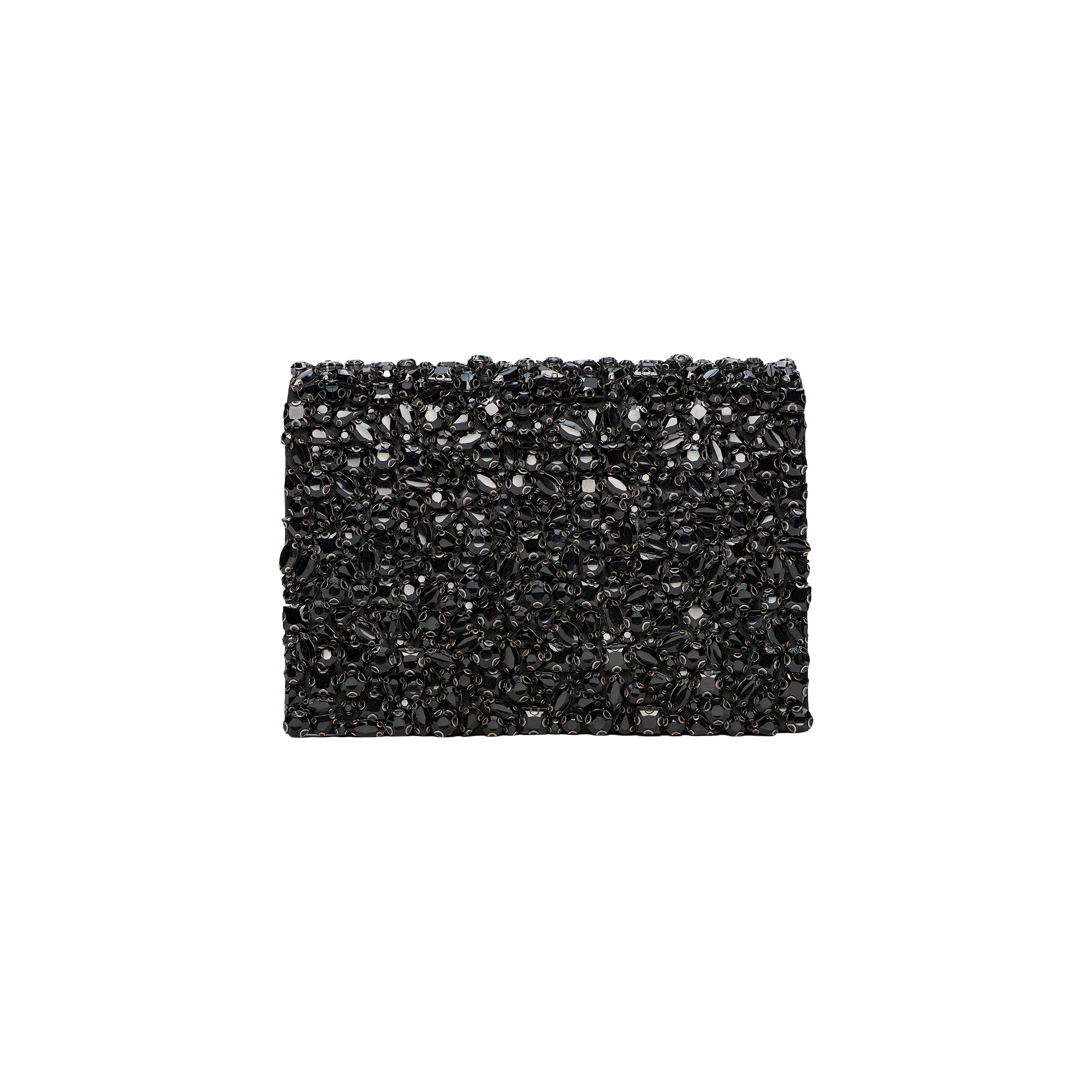 The Victoire Crystal Clutch is a rectangular black evening bag adorned with sparkling black crystals, handcrafted to add a touch of glamour to any ensemble, shown against a plain white background.