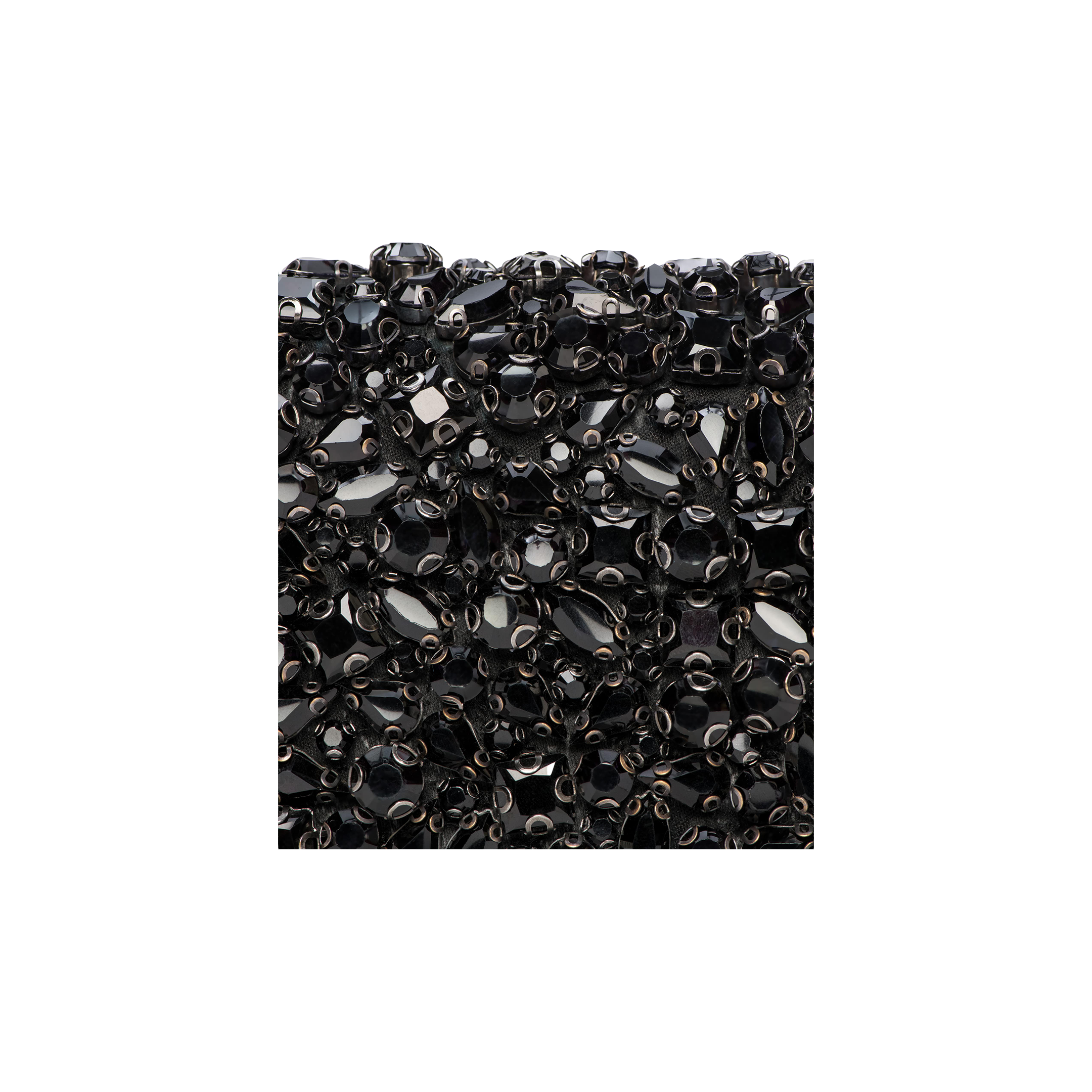 Close-up of the Victoire Crystal Clutch, featuring a dense cluster of gleaming black crystals intricately woven in a textured, grid-like pattern against a plain white background, evoking the elegance of handcrafted evening glamour.