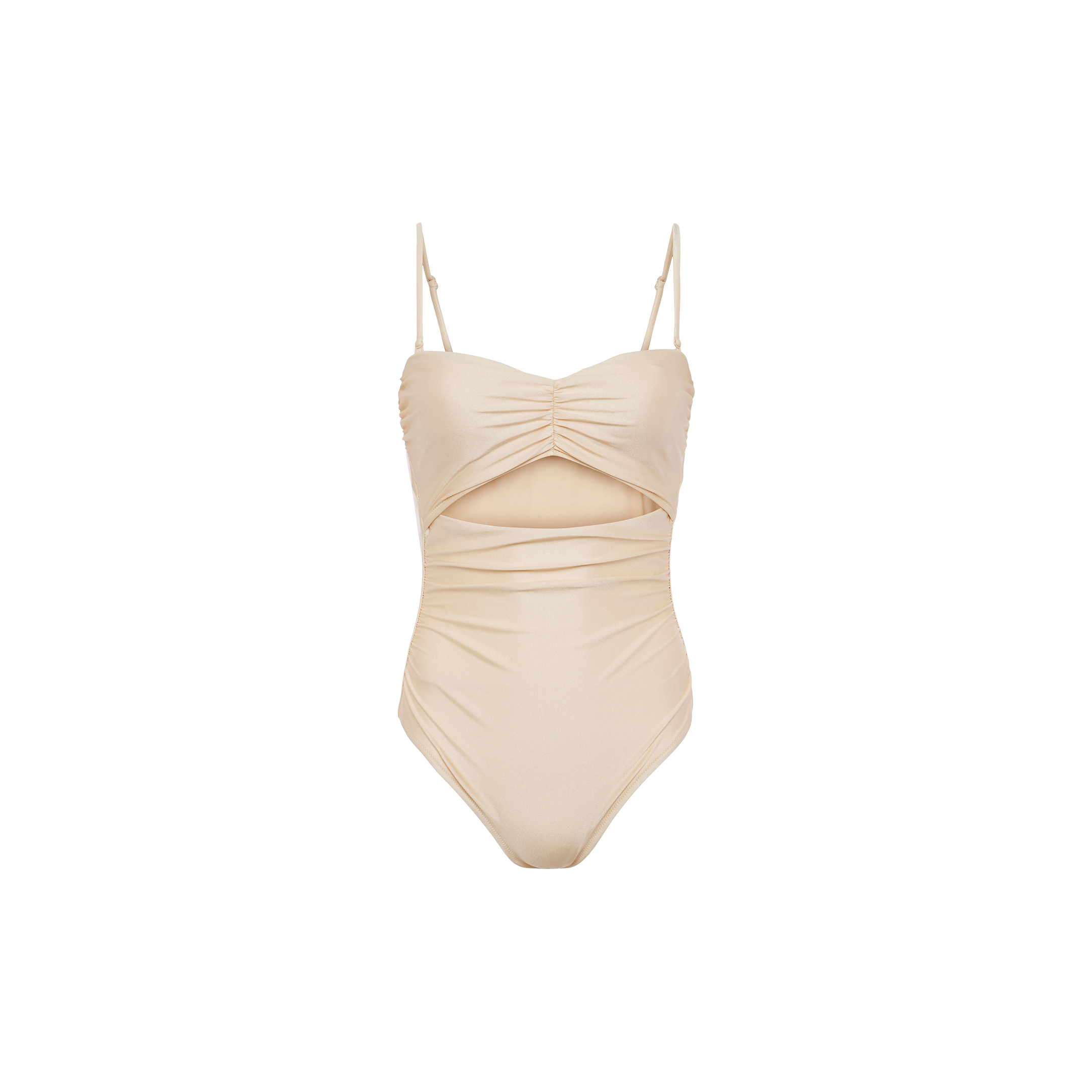 The Lily Cut-Out One-Piece Swimsuit in beige features thin adjustable straps, a ruched bodice, and a cutout detail below the chest. Designed with a smooth, fitted silhouette and displayed against a plain white background.