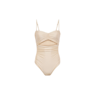 The Lily Cut-Out One-Piece Swimsuit in beige features thin adjustable straps, a ruched bodice, and a cutout detail below the chest. Designed with a smooth, fitted silhouette and displayed against a plain white background.