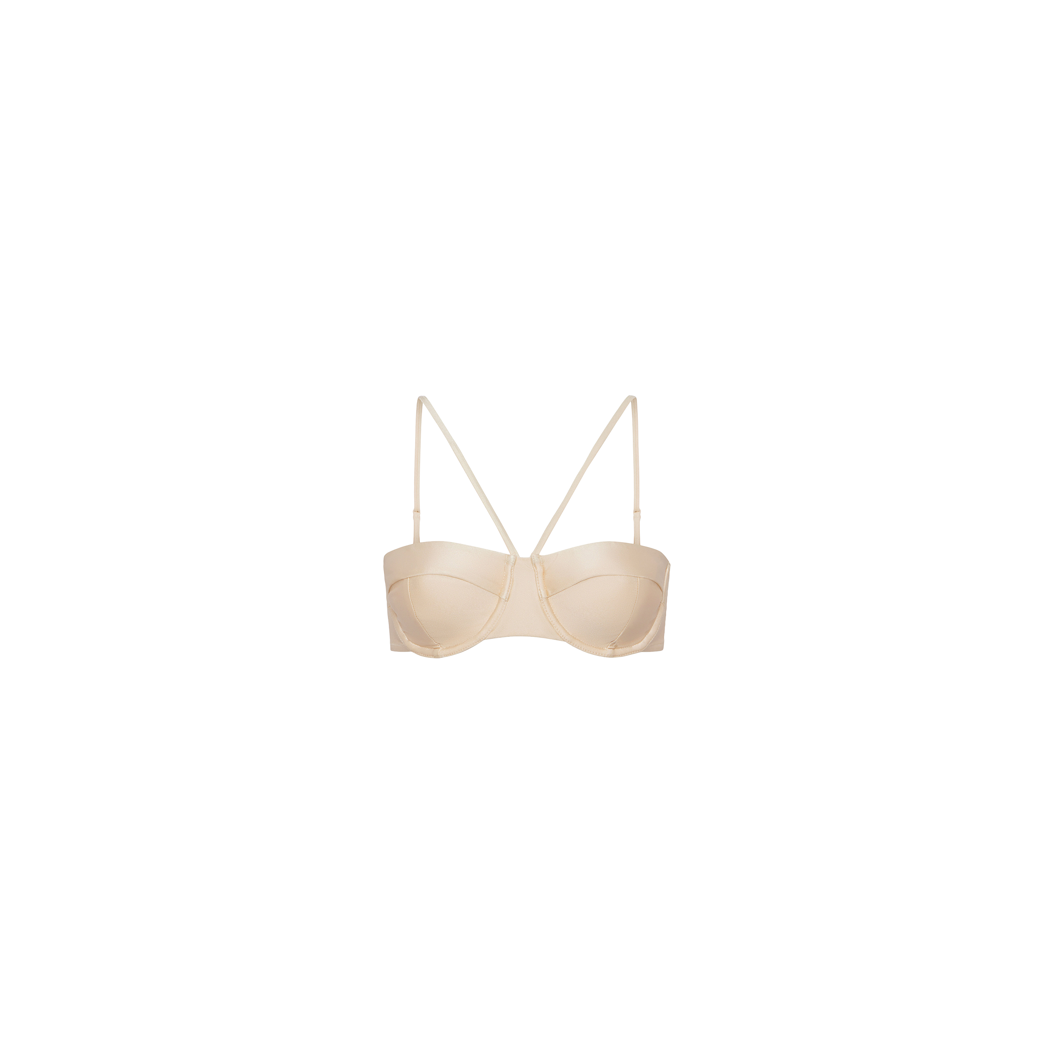 The Alexandria Bikini Top features a beige underwire design with thin adjustable straps, displayed against a plain white background.
