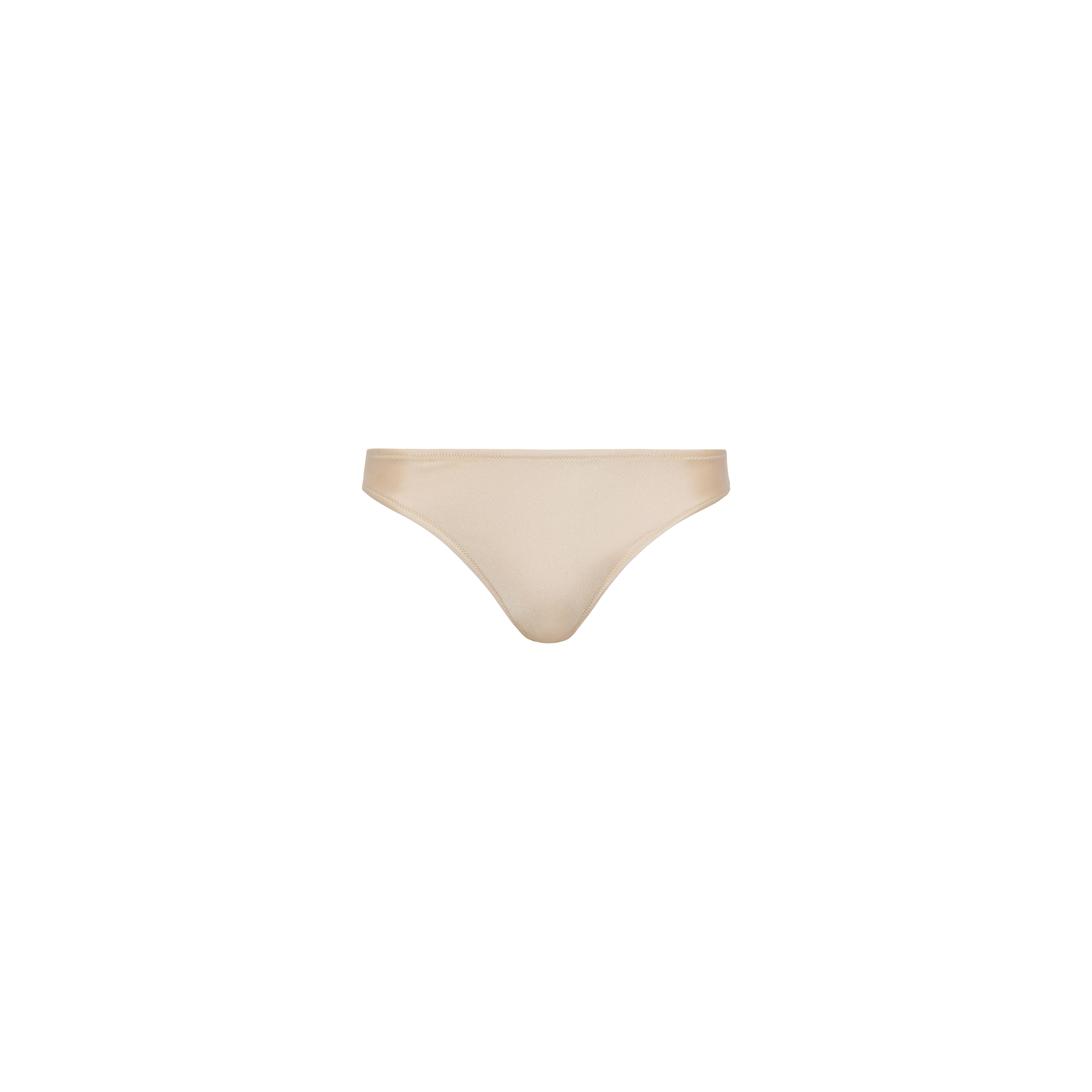 Nicole Bikini Bottom in beige, featuring moderate coverage and four-way stretch, displayed on a plain white background.