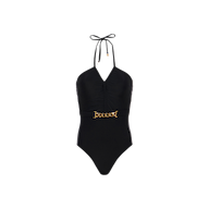 The Leila Halter One-Piece Swimsuit, featuring a black adjustable halter neckline, ruched front detailing, and a gold chain belt accent at the waist, is displayed against a plain white background.