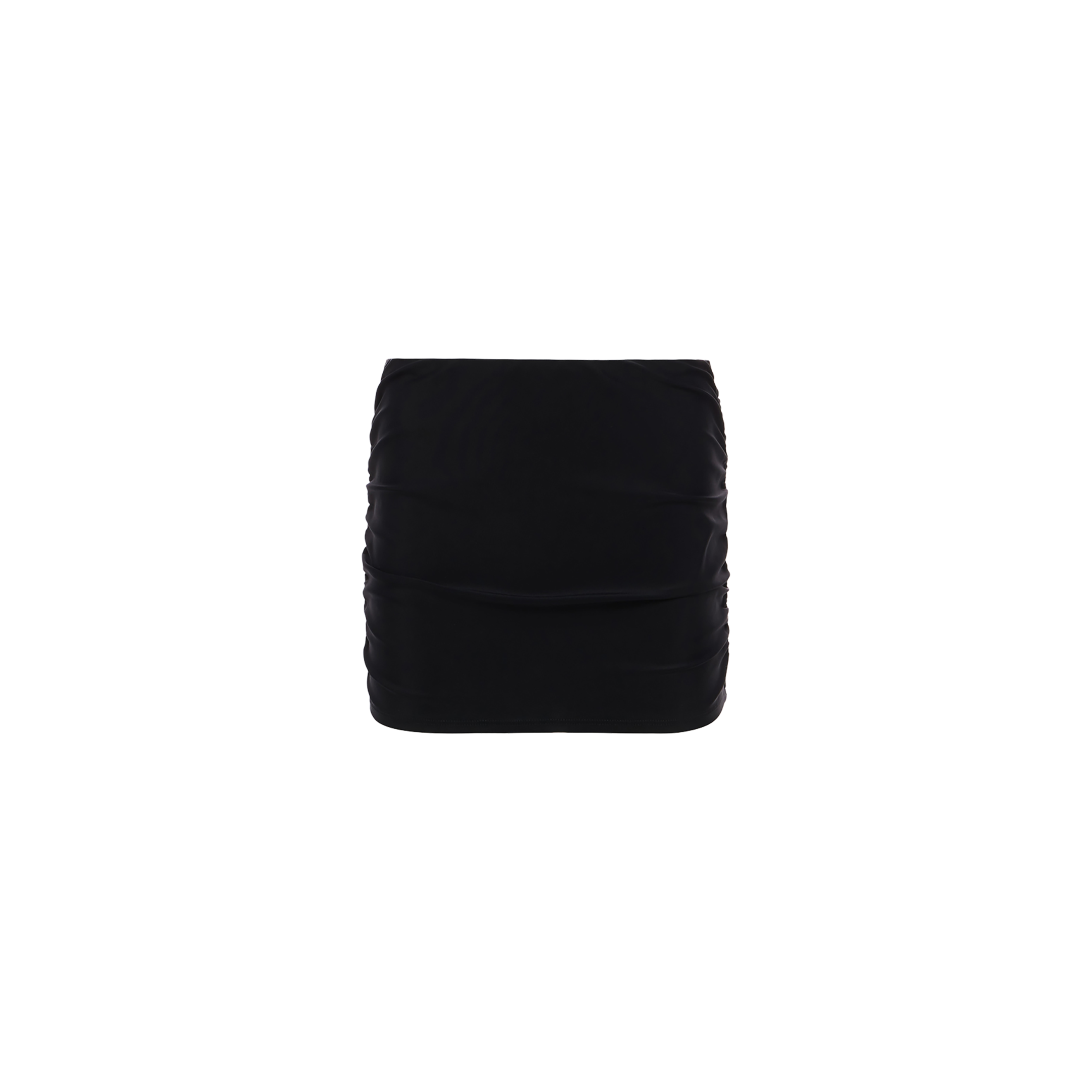 The Coco Mini Skirt Cover-Up, a black, form-fitting ruched mini skirt, is displayed against a plain white background—making it perfect as a stylish swim skirt or beach cover-up.