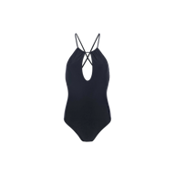 The Belle Keyhole One-Piece is a black swimsuit with a plunging keyhole detail, deep V neckline, and thin crisscross straps at the back, shown against a plain white background.