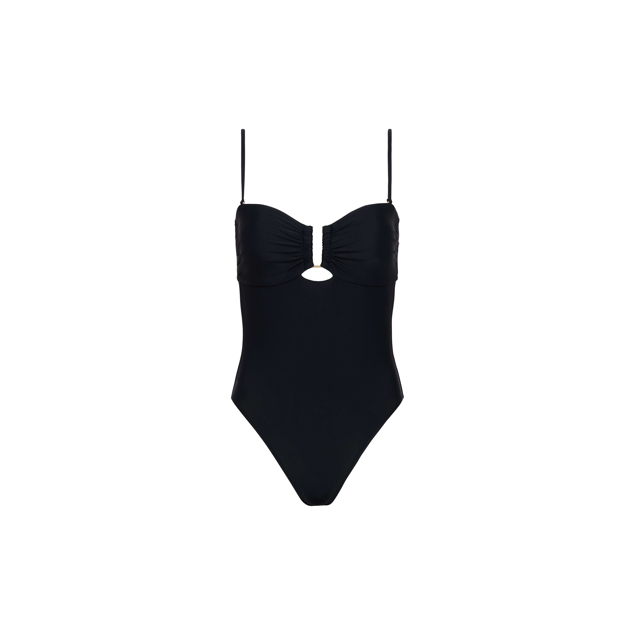 The Emelia Bandeau One-Piece Swimsuit is a black swimsuit designed with thin shoulder straps, a ruched bust, and a small keyhole cutout below the bust. Made from four-way stretch nylon for optimal comfort and flexibility, this one-piece features a flattering high-leg cut and is displayed on a plain white background.